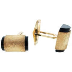 Handsome 14 Karat Textured Gold and Onyx Cufflinks