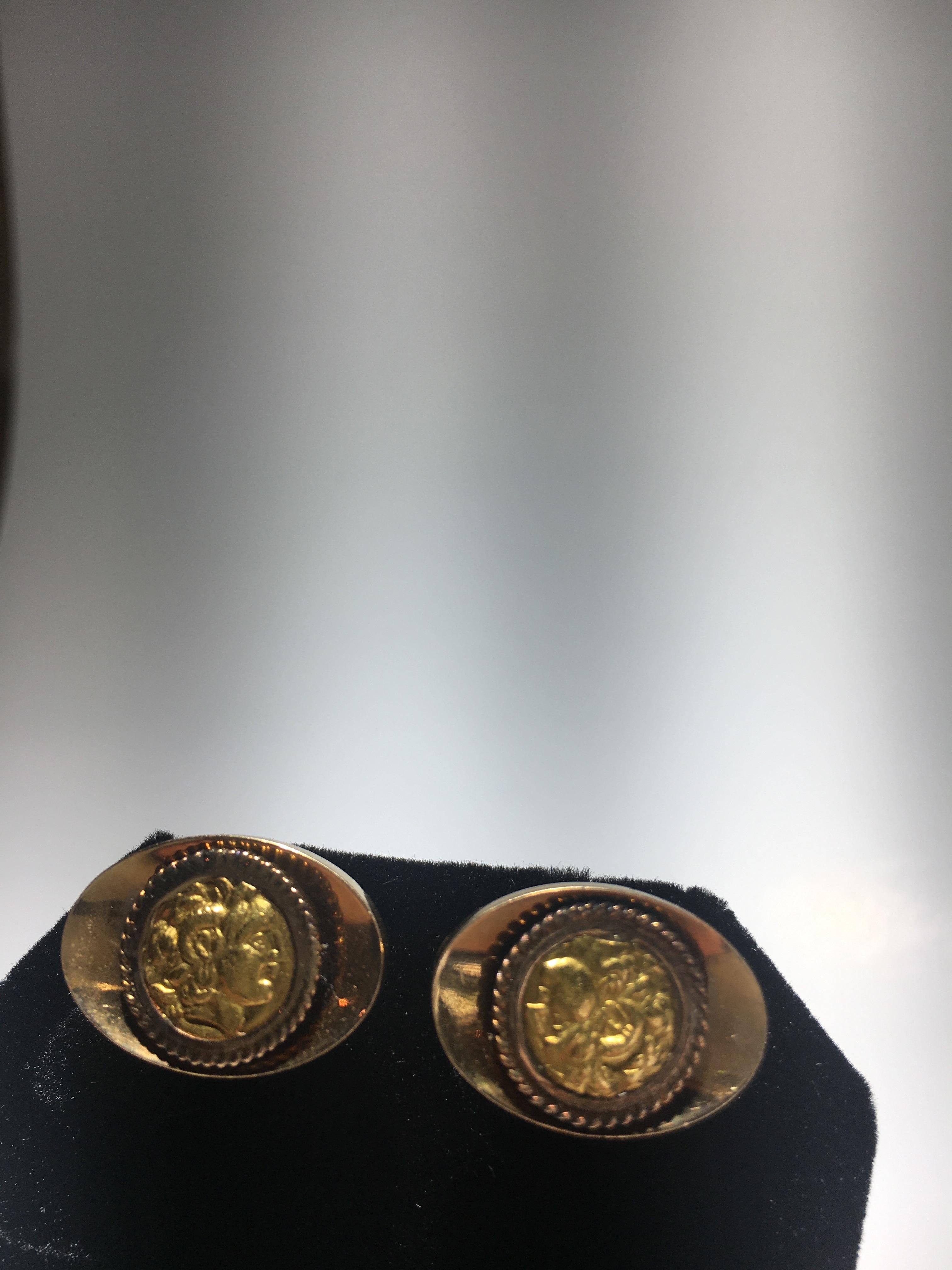 Classical Greek Handsome 18K Gold Cufflinks With Greek Coin Style Insets. For Sale