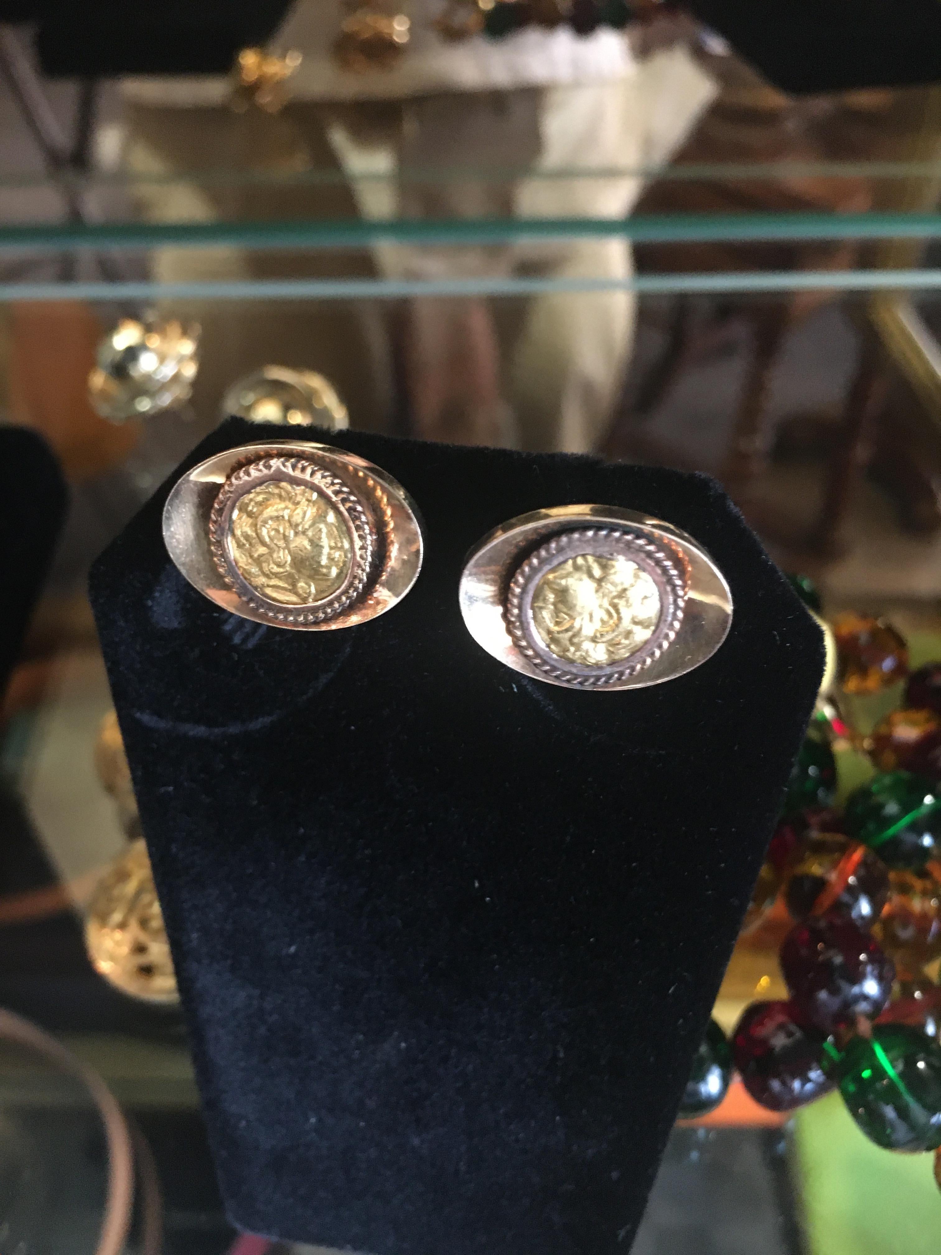 Handsome 18K Gold Cufflinks With Greek Coin Style Insets. For Sale 1