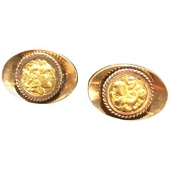 Vintage Handsome 18K Gold Cufflinks With Greek Coin Style Insets.