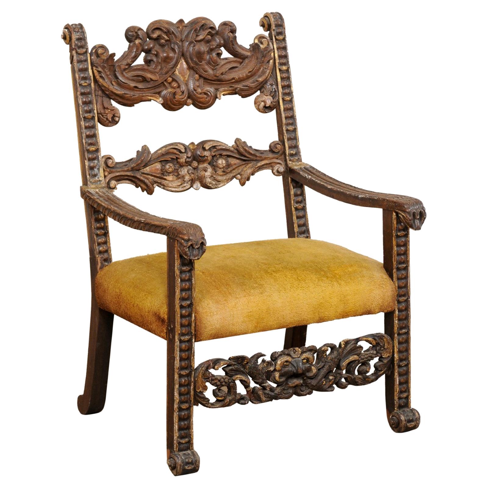 Handsome 18th C Italian Baroque Arm Chair with Intricately Carved Details For Sale