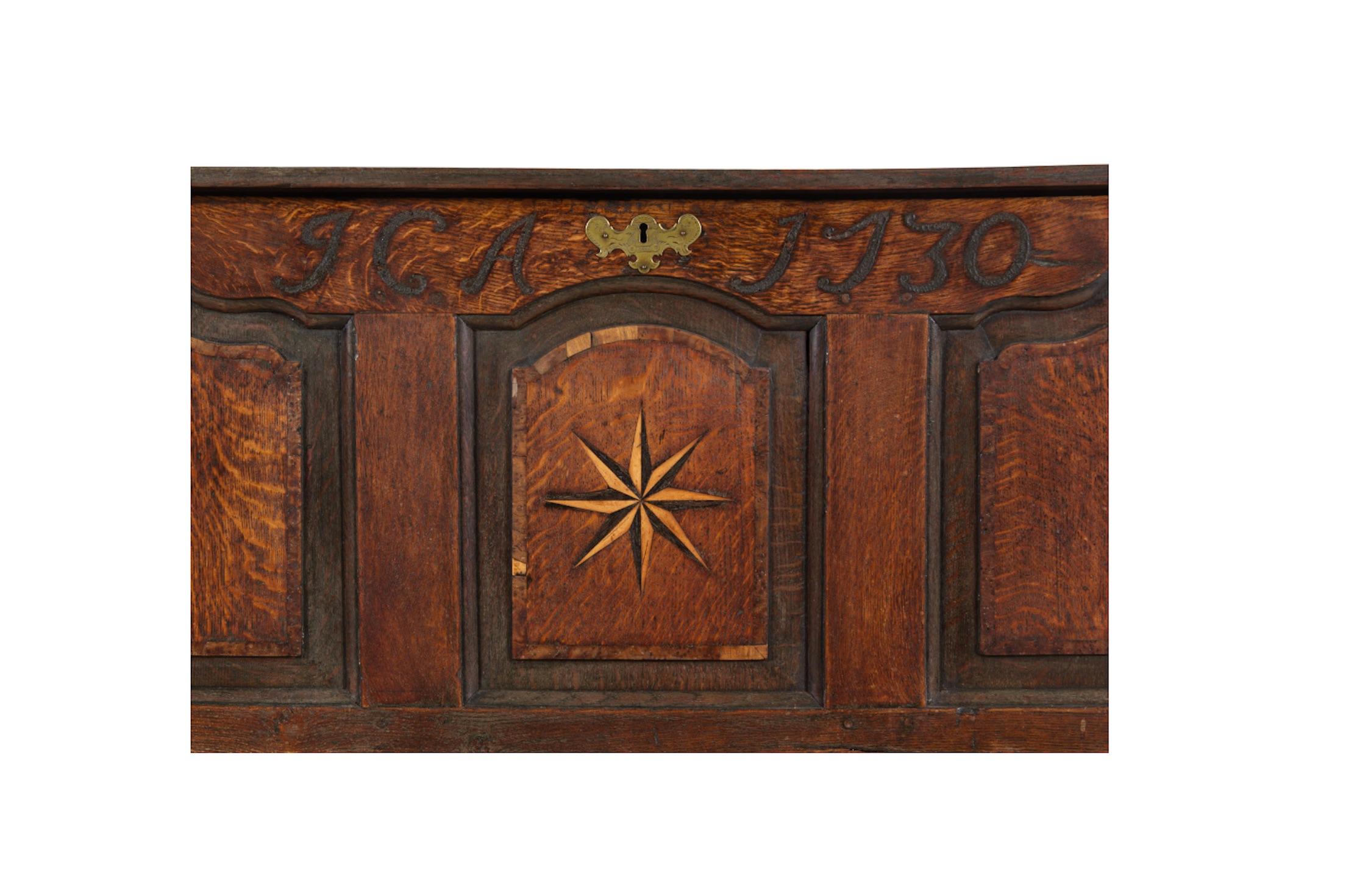 George II Handsome 18th Century English Oak Chest with Star Inlay, Dated 1730 Great Patina