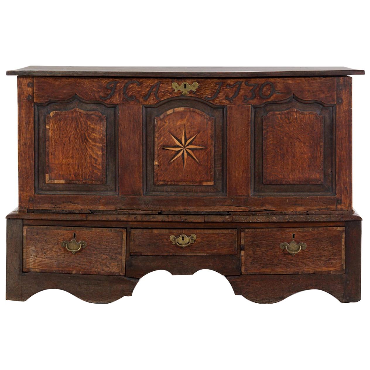 Handsome 18th Century English Oak Chest with Star Inlay, Dated 1730 Great Patina