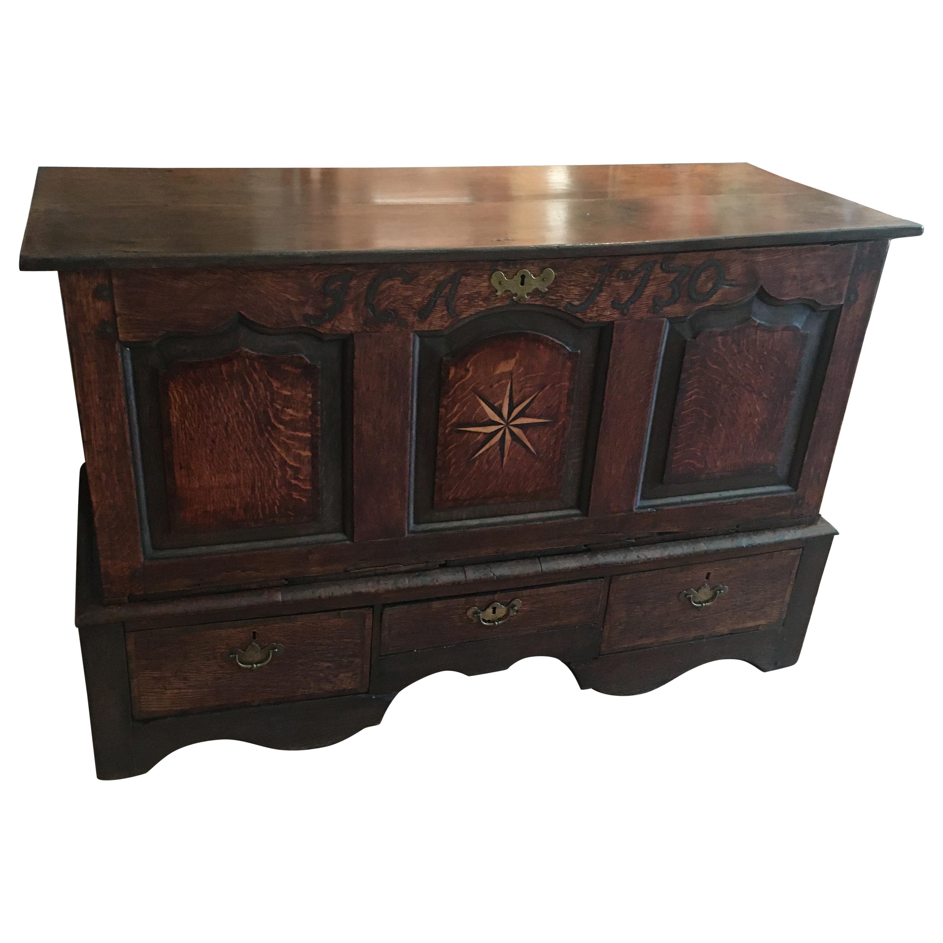 Handsome 18th Century English Oak Chest with Star Inlay, Dated 1730 Great Patina For Sale