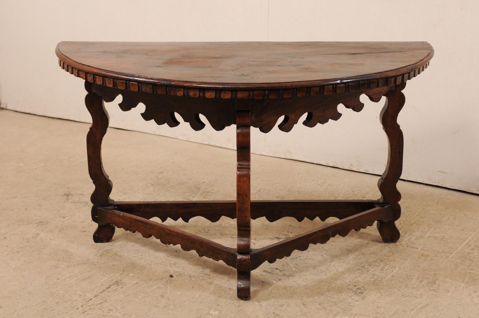 Handsome 18th Century Italian Carved Walnut Wood Demilune Table In Good Condition In Atlanta, GA