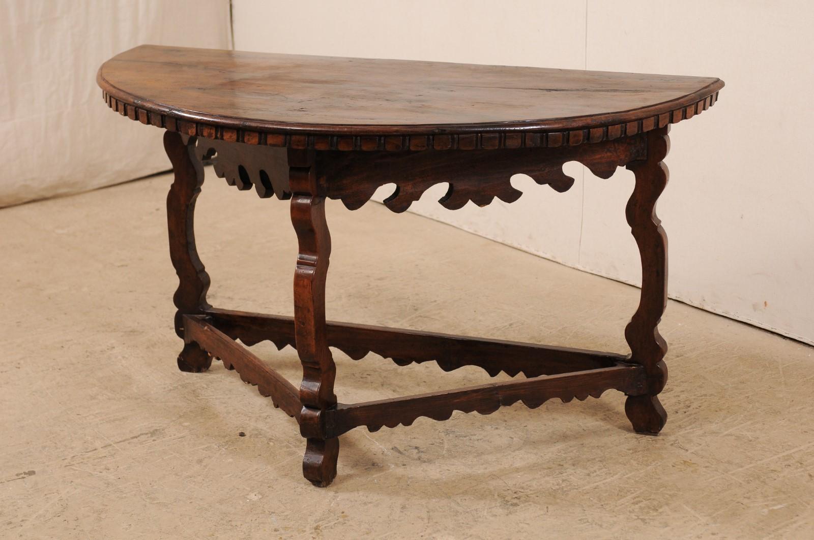 Handsome 18th Century Italian Carved Walnut Wood Demilune Table 1