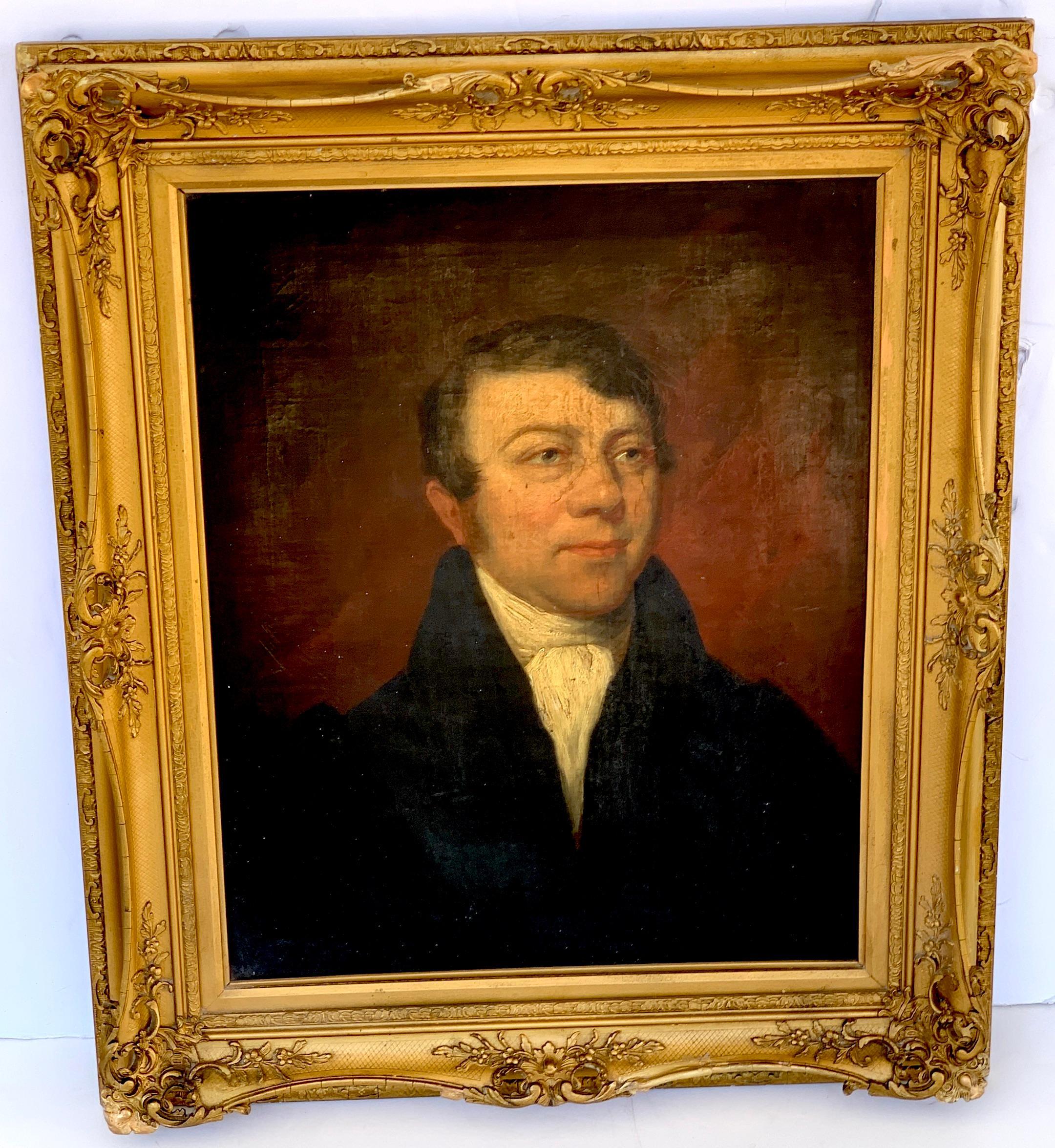 Handsome 19th C American portrait of a gentleman with a scar, A fine well proportioned portrait of a seated man with white shirt and black jacket. Complete with period carved giltwood frame. 
Measures: Oil on Canvas 19