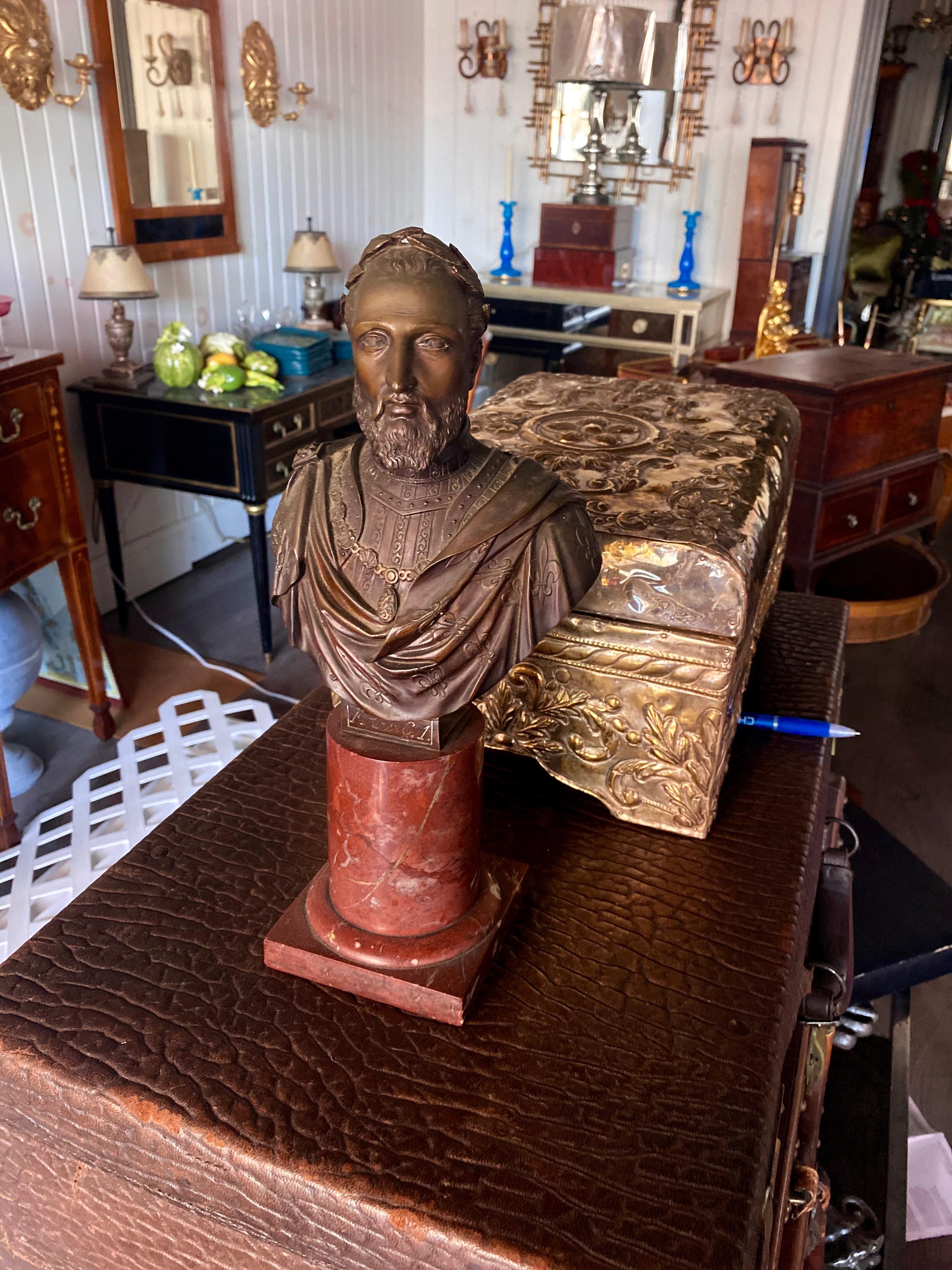 Handsome 19th Century Bronze and Marble Neoclassical Bust, Great Color & Patina. For Sale 4