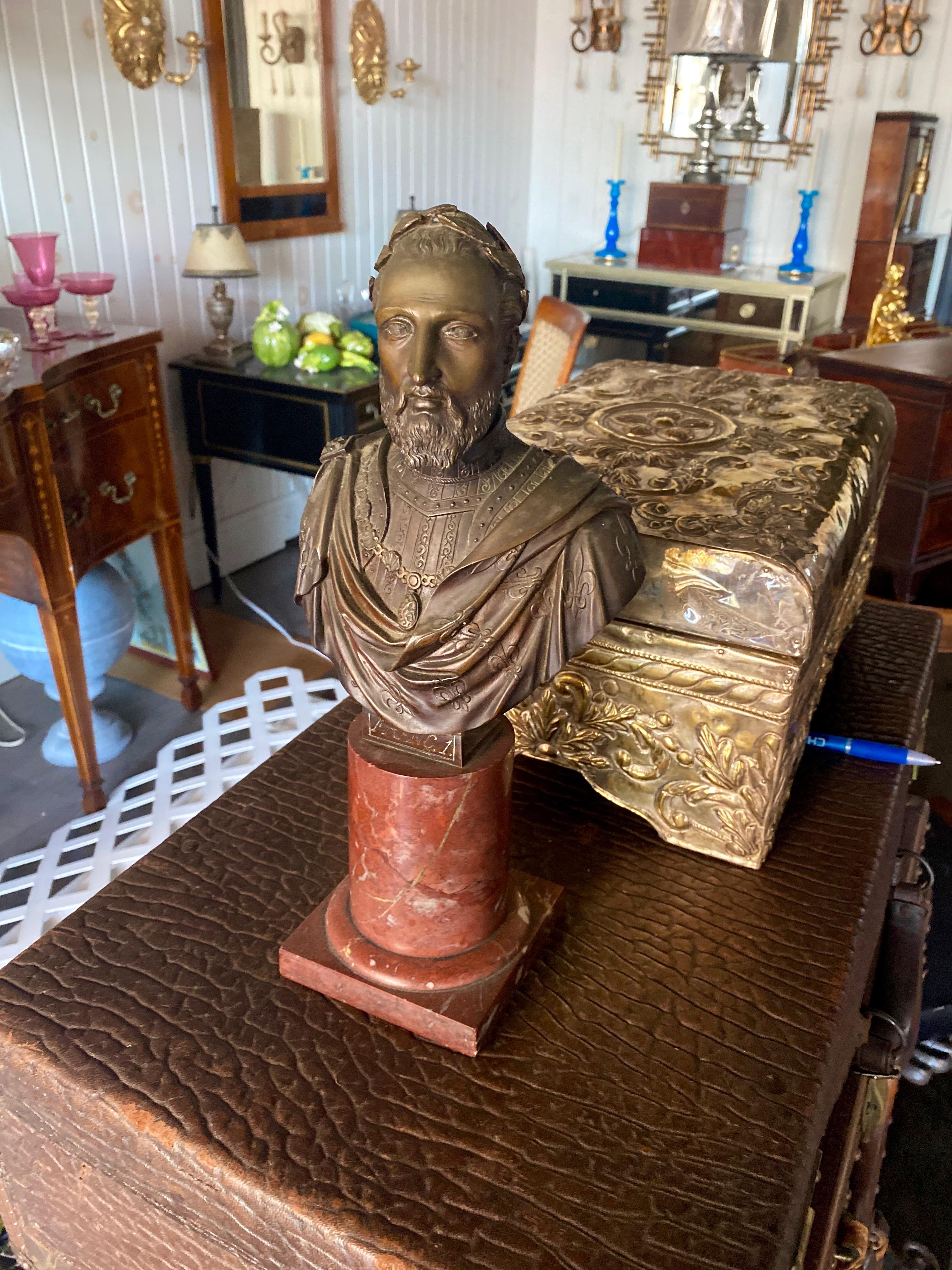 Handsome 19th Century Bronze and Marble Neoclassical Bust, Great Color & Patina. For Sale 5