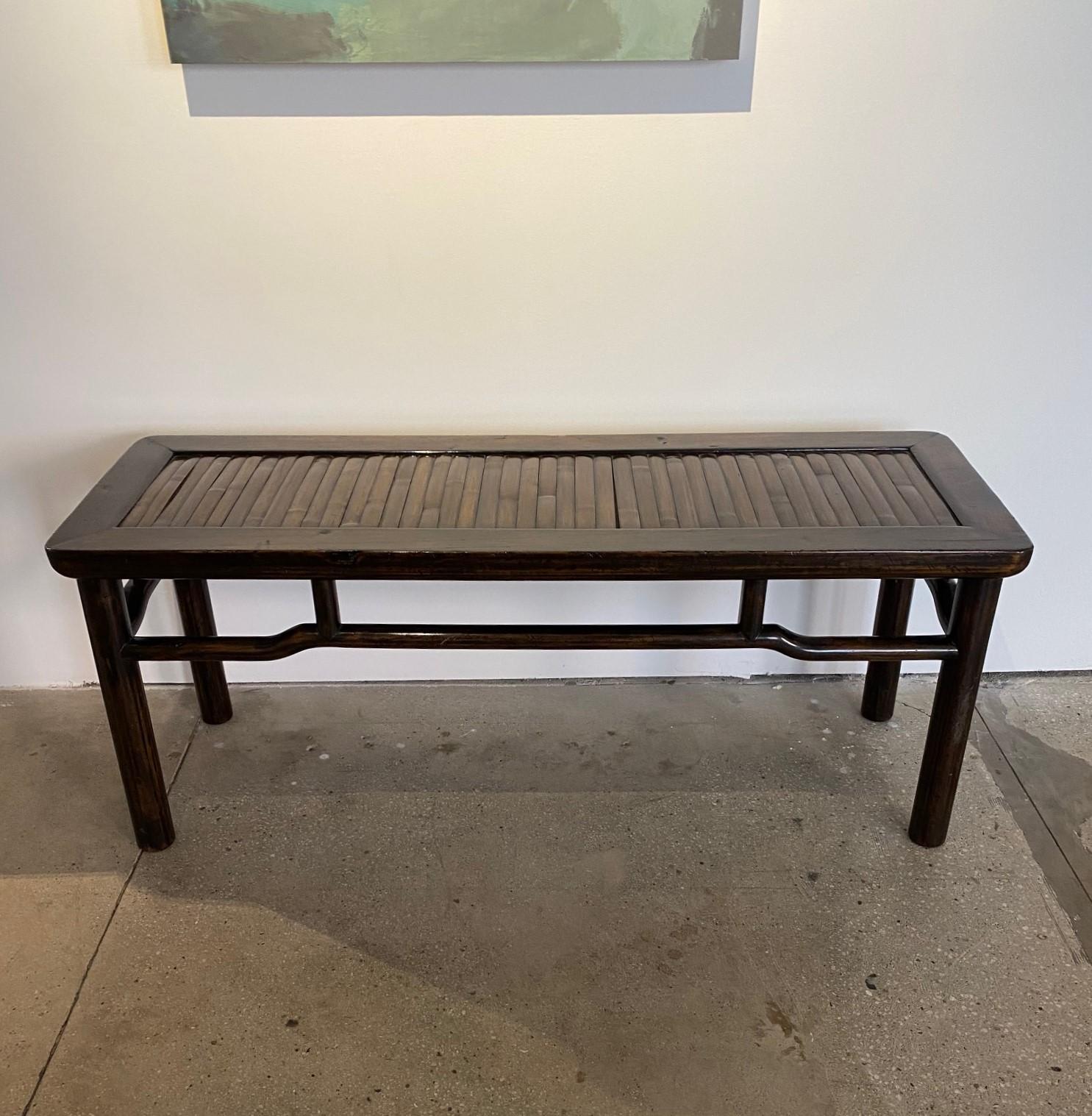 19th Century Chinese Jumu Wood Bench with Bamboo Inset Seat. In Stock. For Sale 1