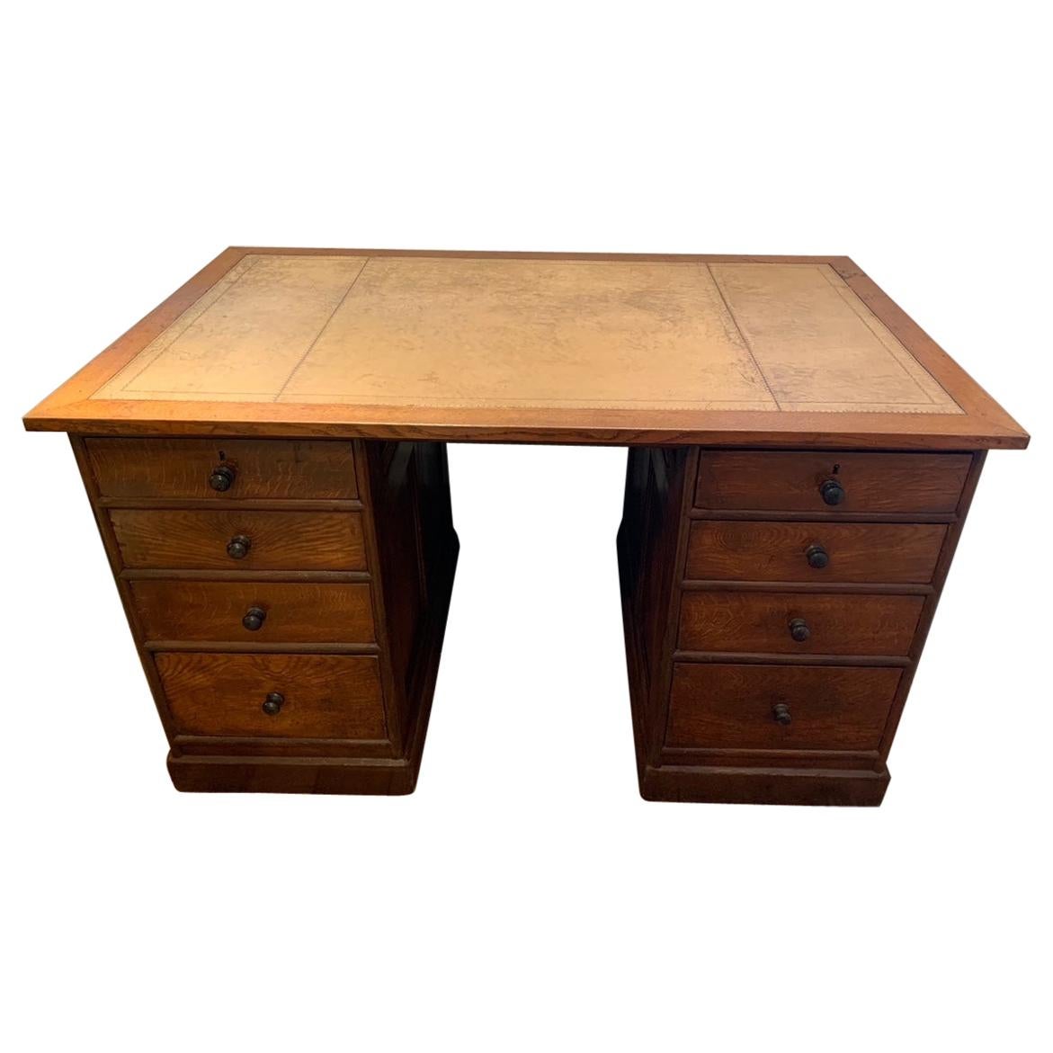 Handsome 19th Century English Double Pedestal Desk with Tan Leather Top