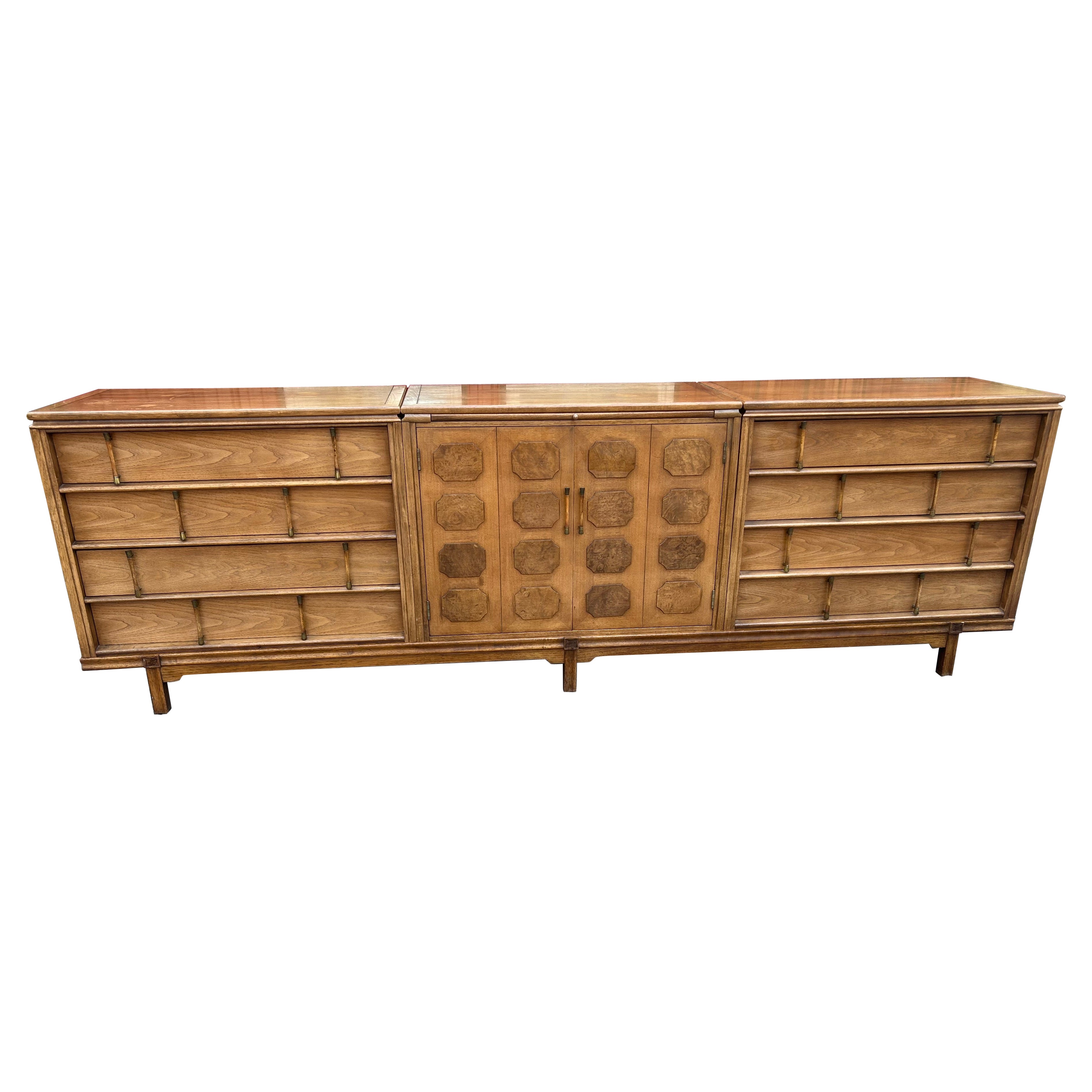Handsome 3 Piece Tamerlane Credenza Bar Cabinet Room Divider Mid-Century Modern For Sale