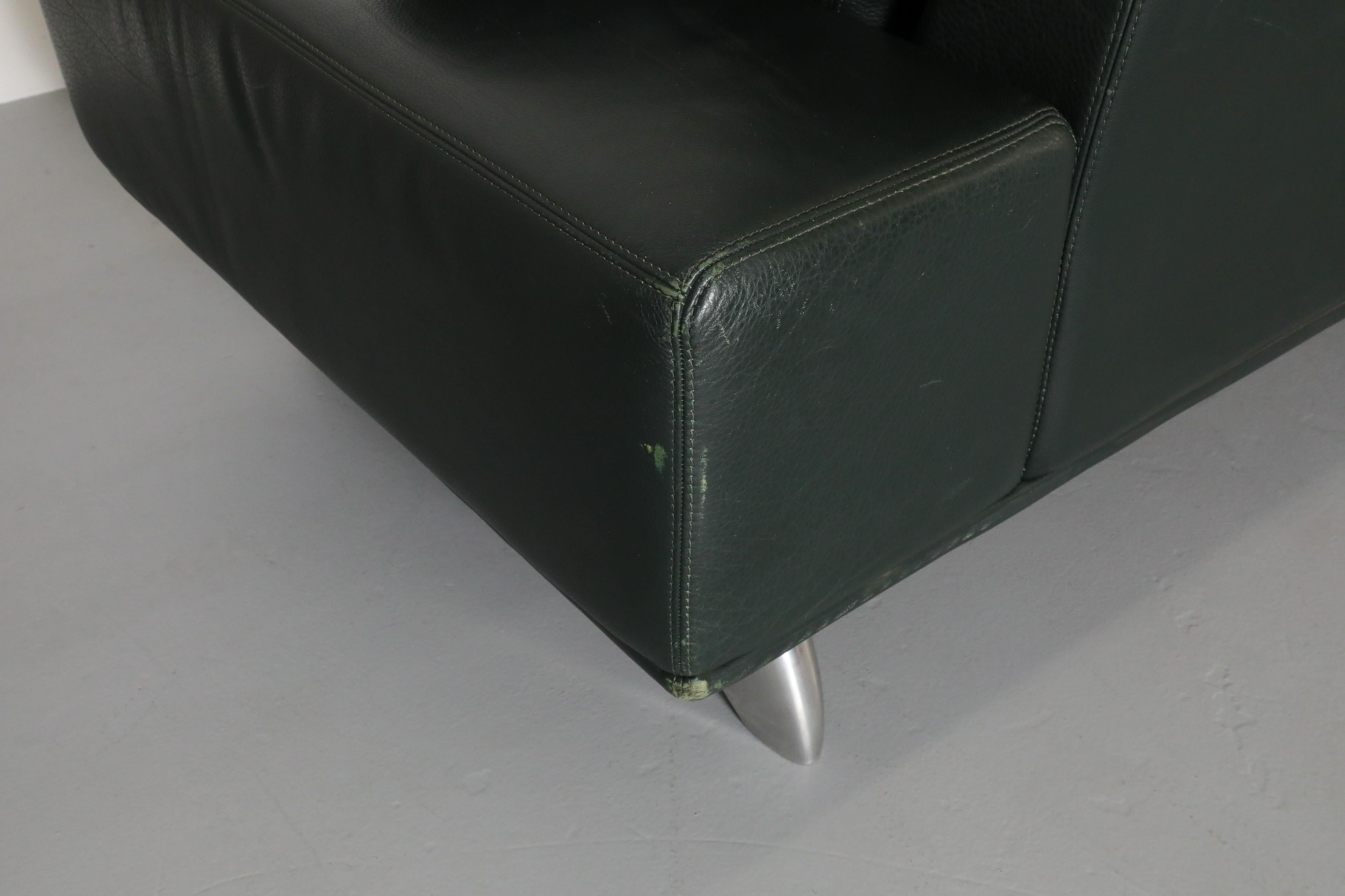 1980's Dark Green Leather Sofa by Molinari with Wide Arms and Chrome Legs 3