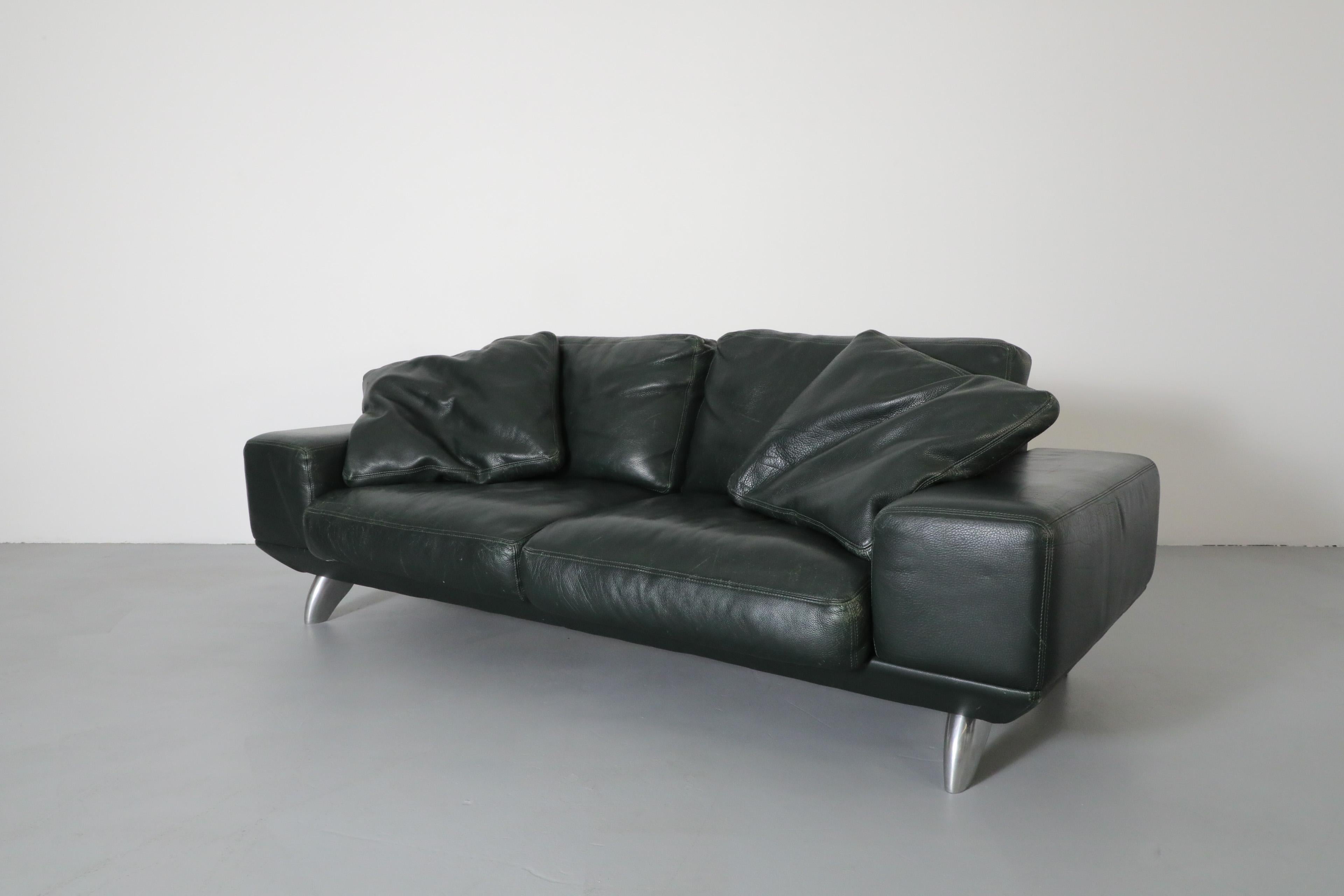 Mid-Century Modern Handsome 80's Dark Green Leather Sofa by Molinari w/ Wide Arms & Metal Legs For Sale