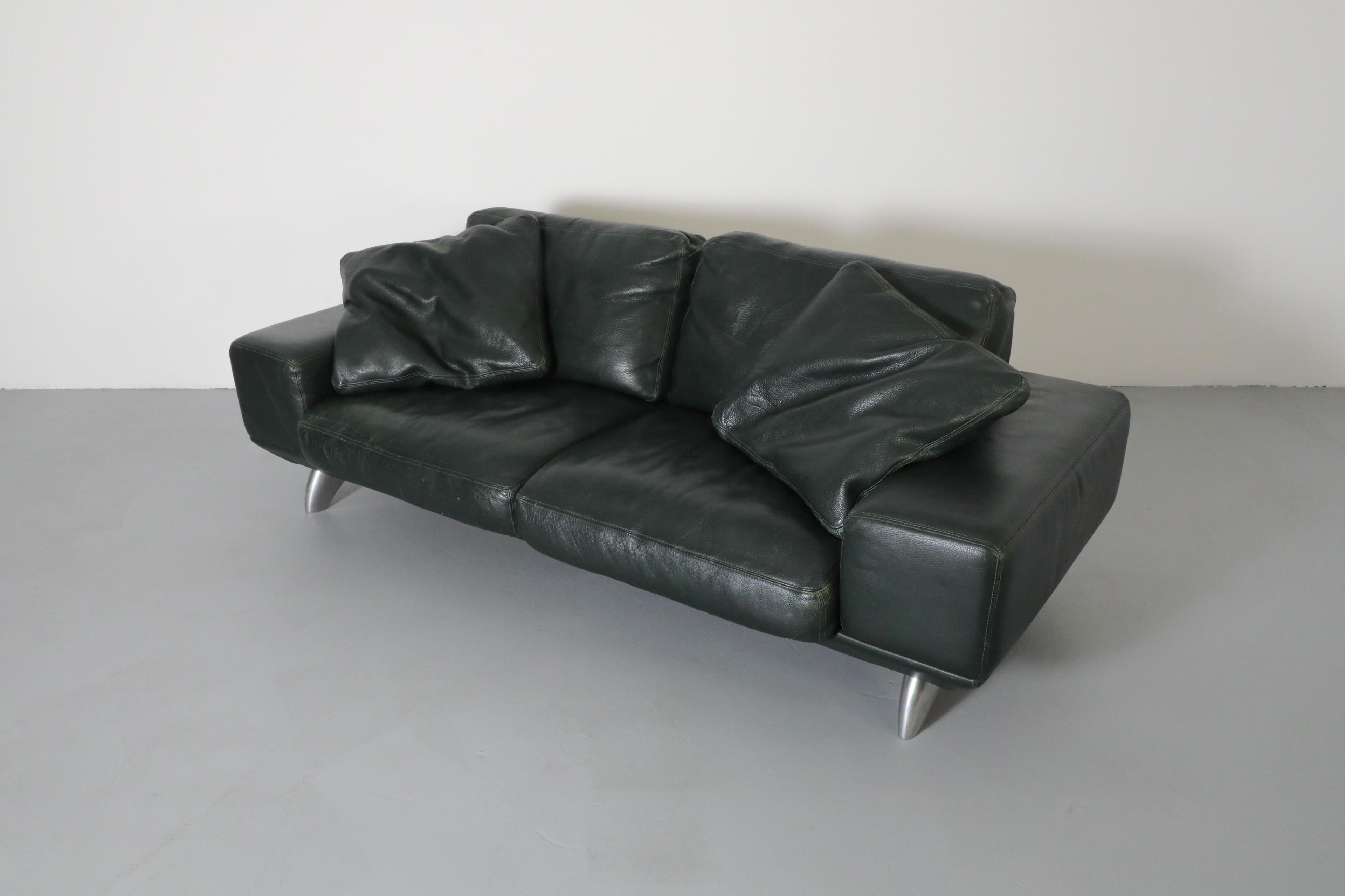 Italian Handsome 80's Dark Green Leather Sofa by Molinari w/ Wide Arms & Metal Legs For Sale