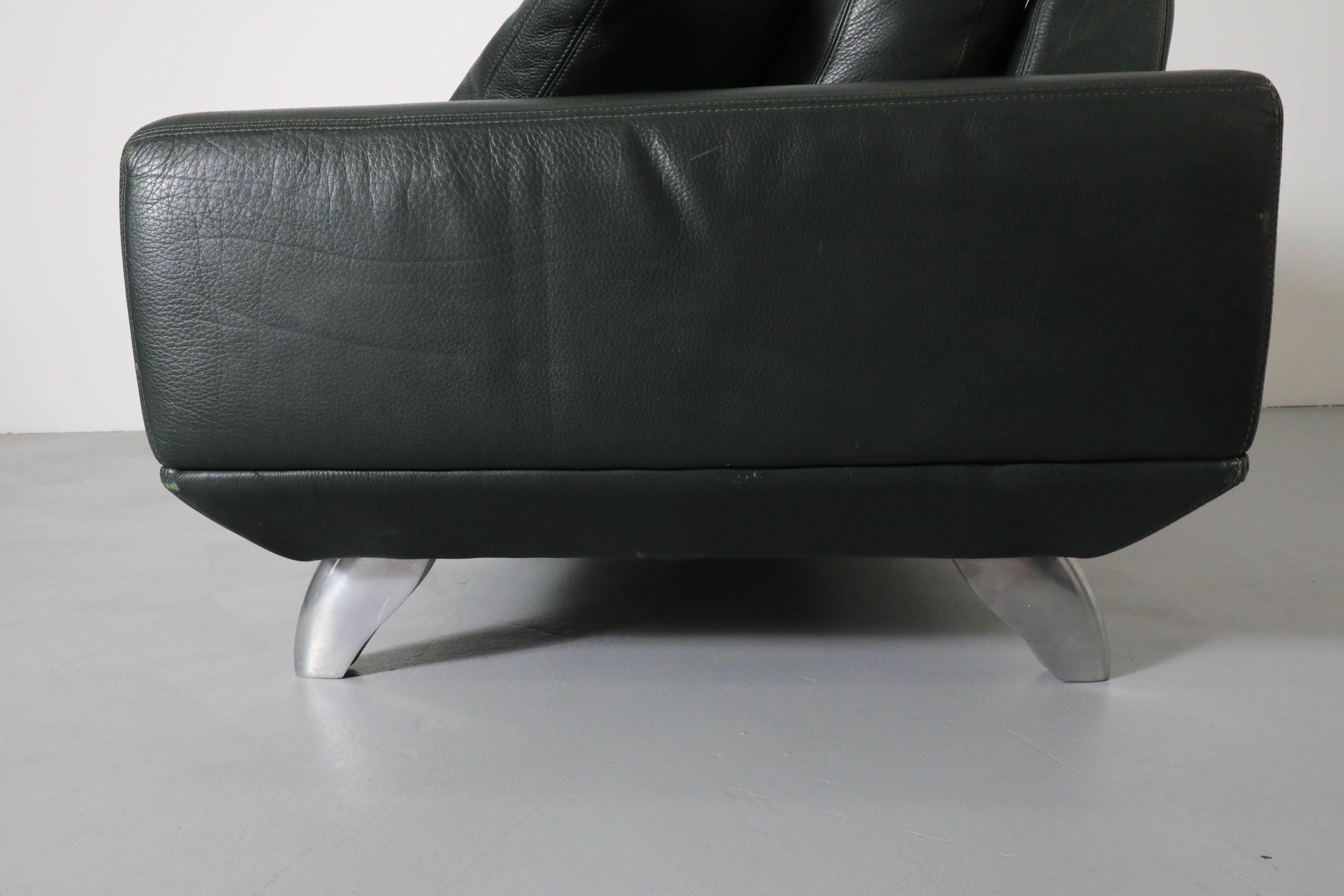Italian 1980's Dark Green Leather Sofa by Molinari with Wide Arms and Chrome Legs