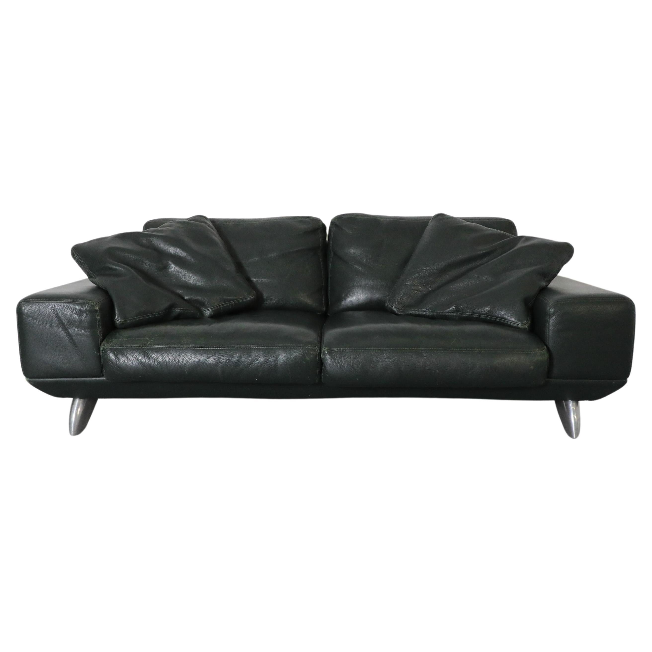 Handsome 80's Dark Green Leather Sofa by Molinari w/ Wide Arms & Metal Legs For Sale