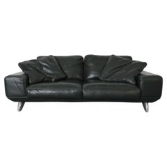 Used Handsome 80's Dark Green Leather Sofa by Molinari w/ Wide Arms & Metal Legs