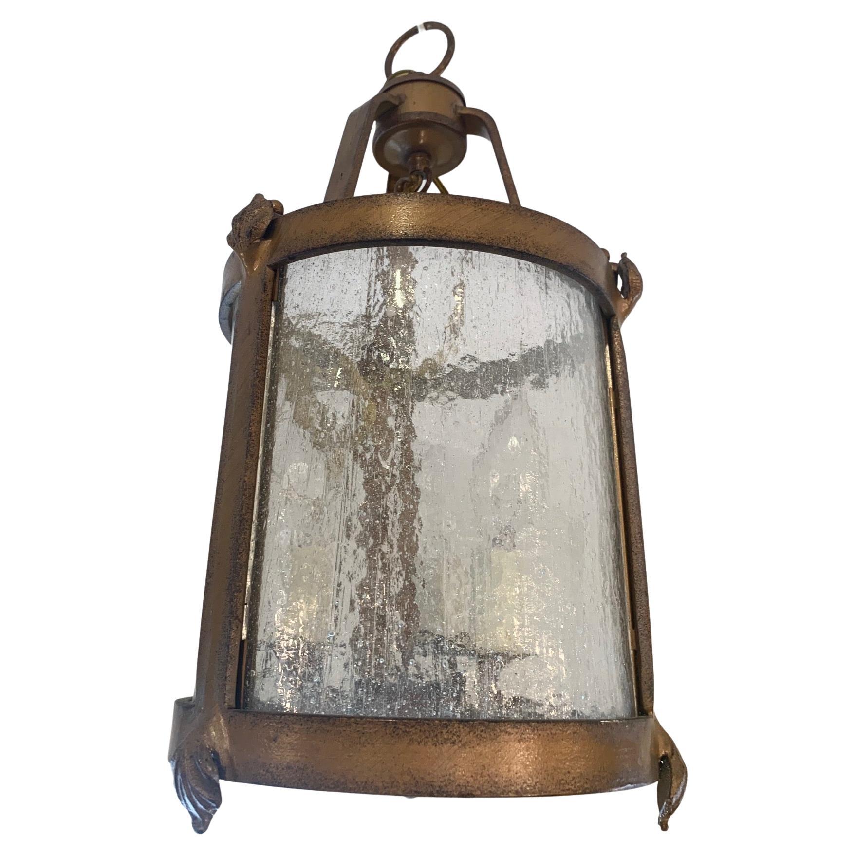 Handsome Aged Iron and Seeded Glass Vintage Lantern For Sale