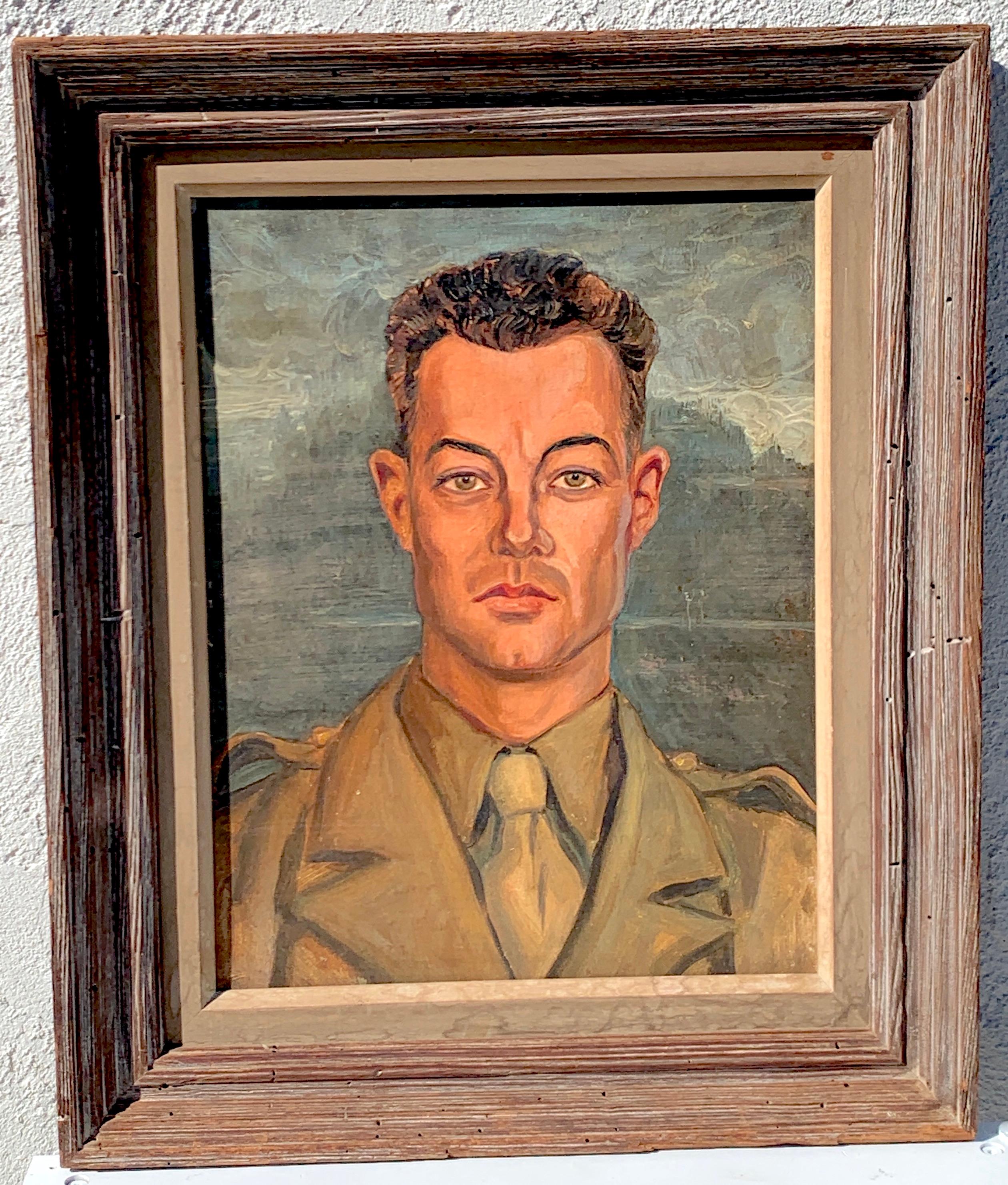 Handsome American Military WWII Portrait by Mildred Perman, 1935
Signed and dated on back 'Mildred Perman, October 18, 1935'
Oil on Canvas 14”x 18” 
Original Frame 19.5” x23.5”