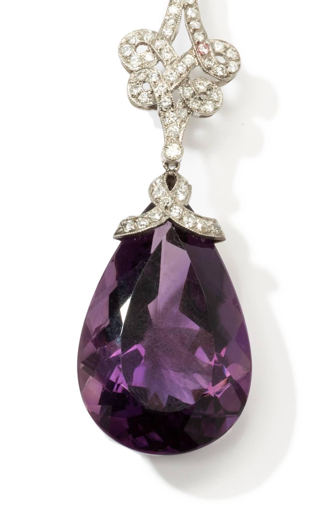 Pear Cut Amethyst Diamond Platinum Chandelier Earrings For Sale