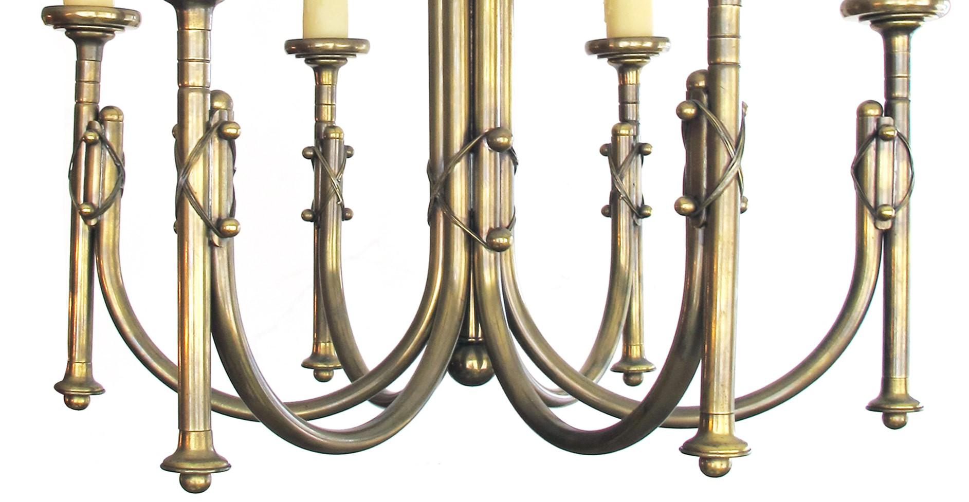 Handsome and Large-Scaled English Neo-Gothic Brass Six-Light Chandelier In Excellent Condition For Sale In San Francisco, CA