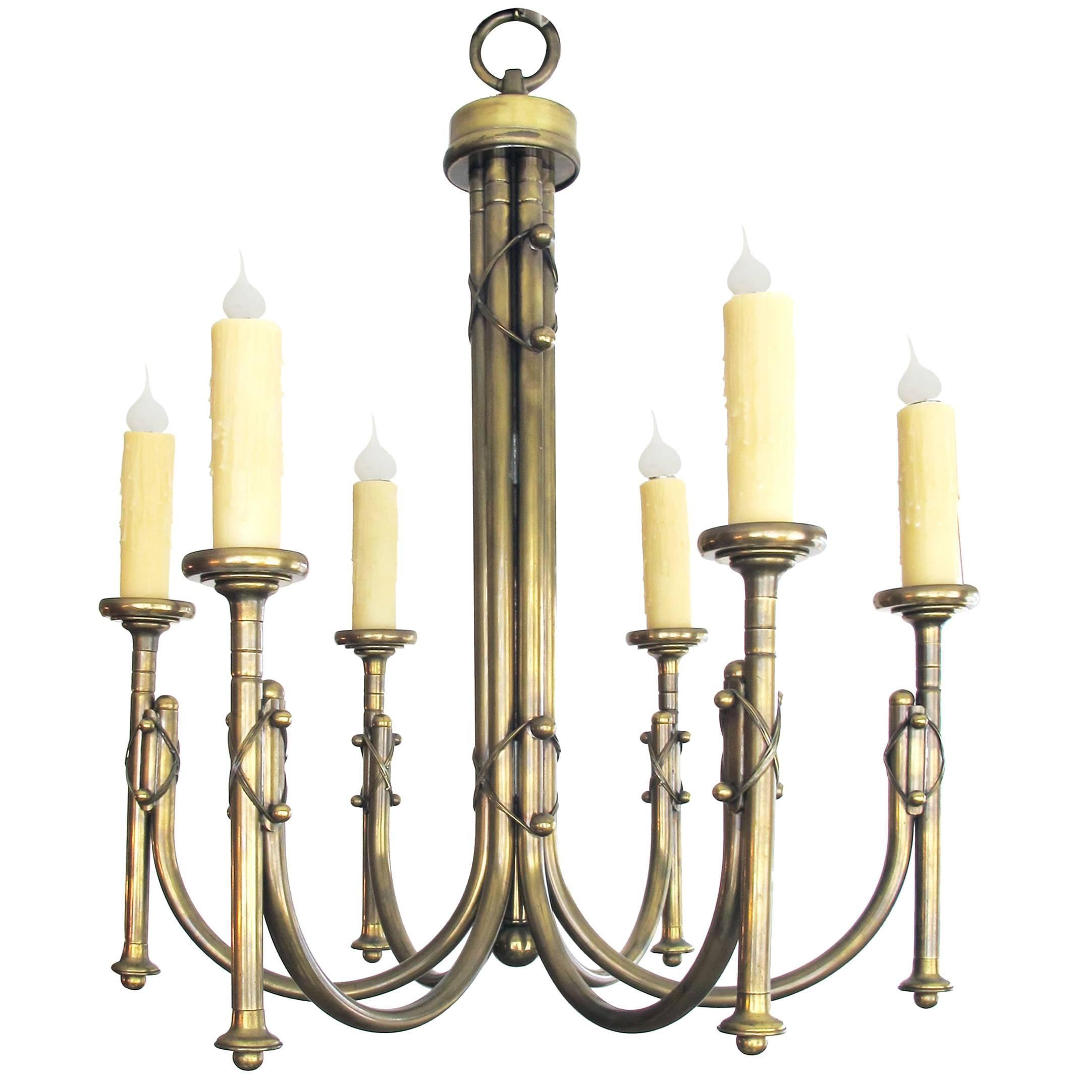 Handsome and Large-Scaled English Neo-Gothic Brass Six-Light Chandelier For Sale