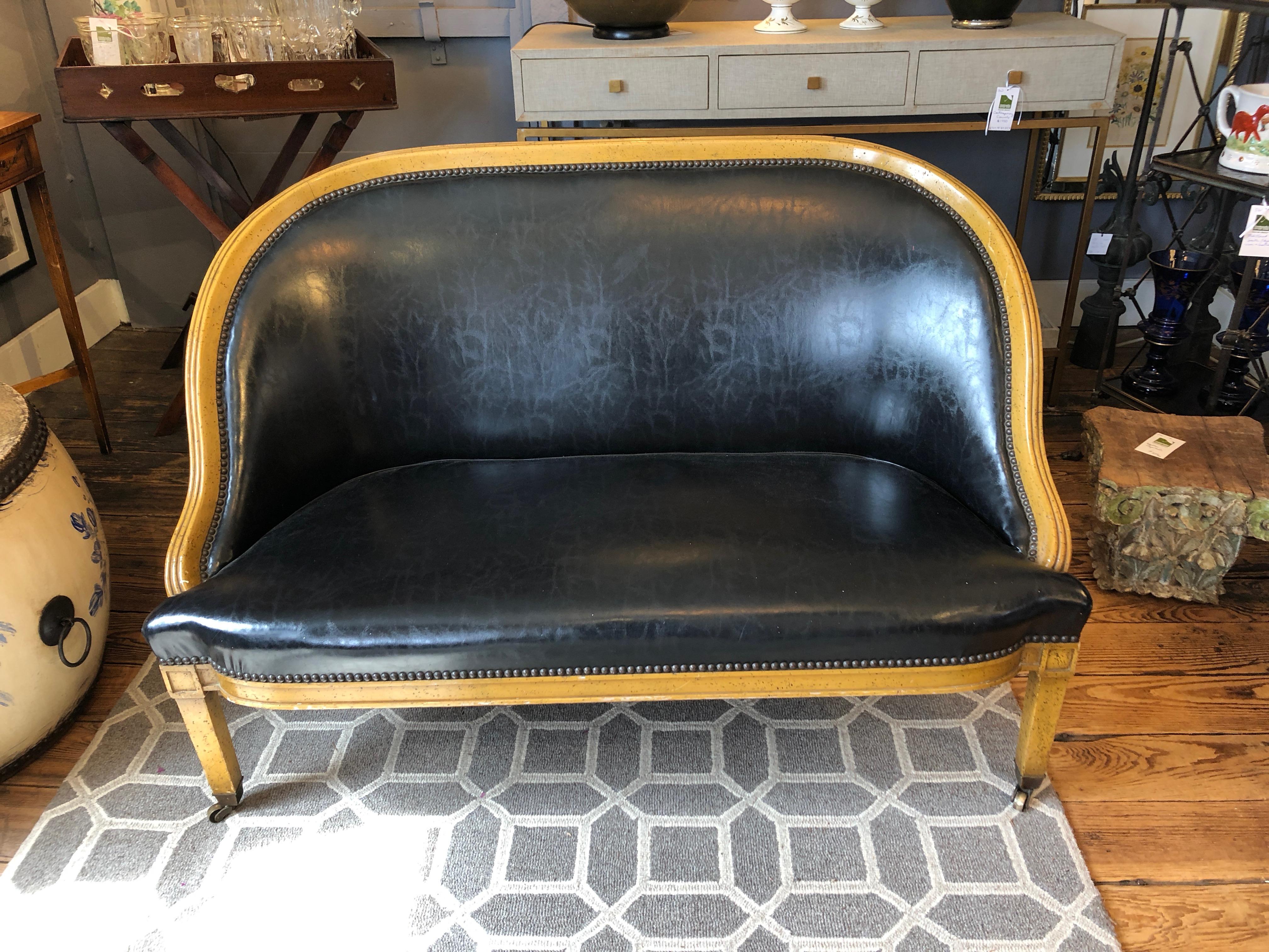 George III Handsome and Sleek Fruitwood and Faux Black Leather Loveseat