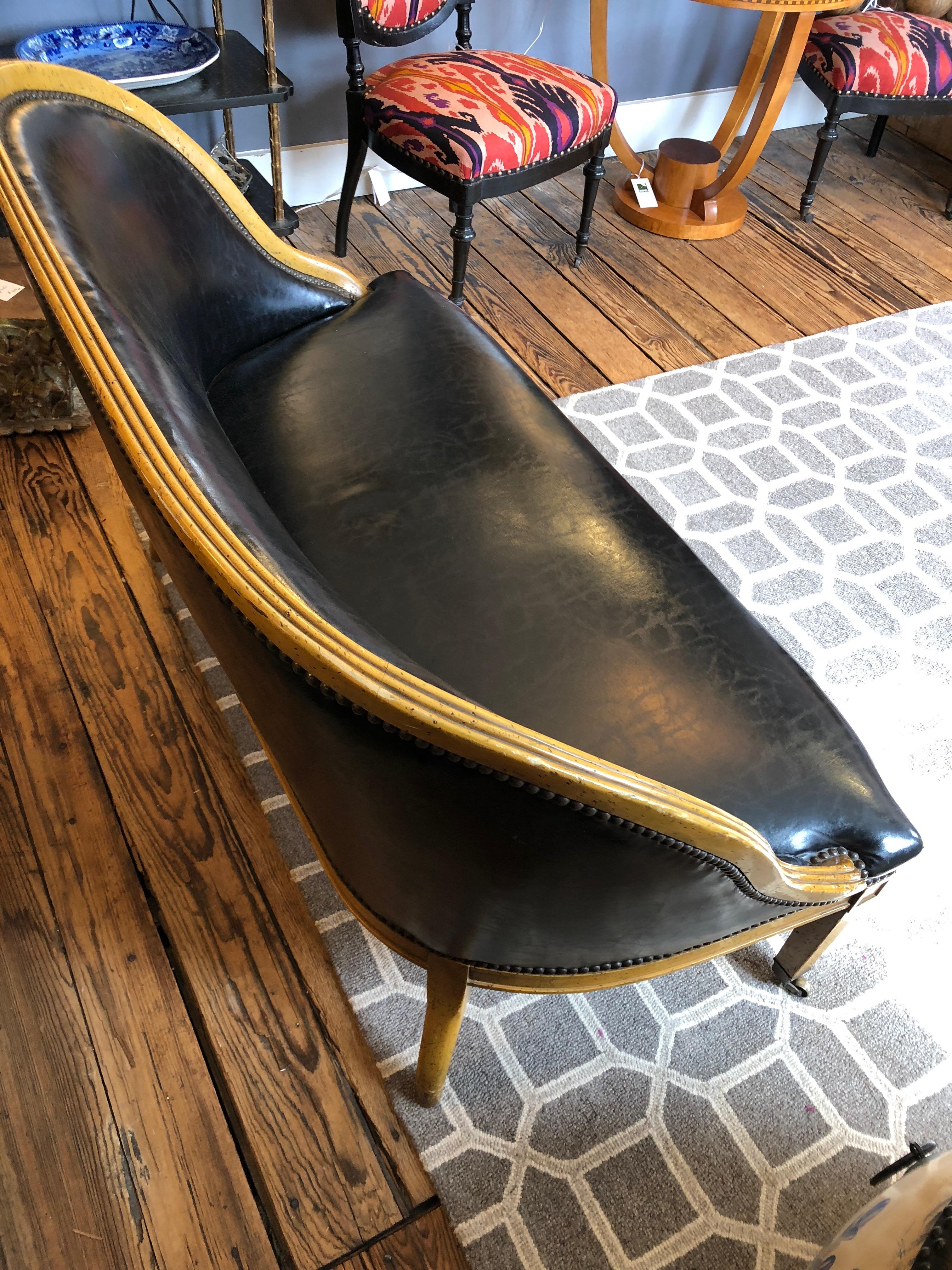 Handsome and Sleek Fruitwood and Faux Black Leather Loveseat In Excellent Condition In Hopewell, NJ