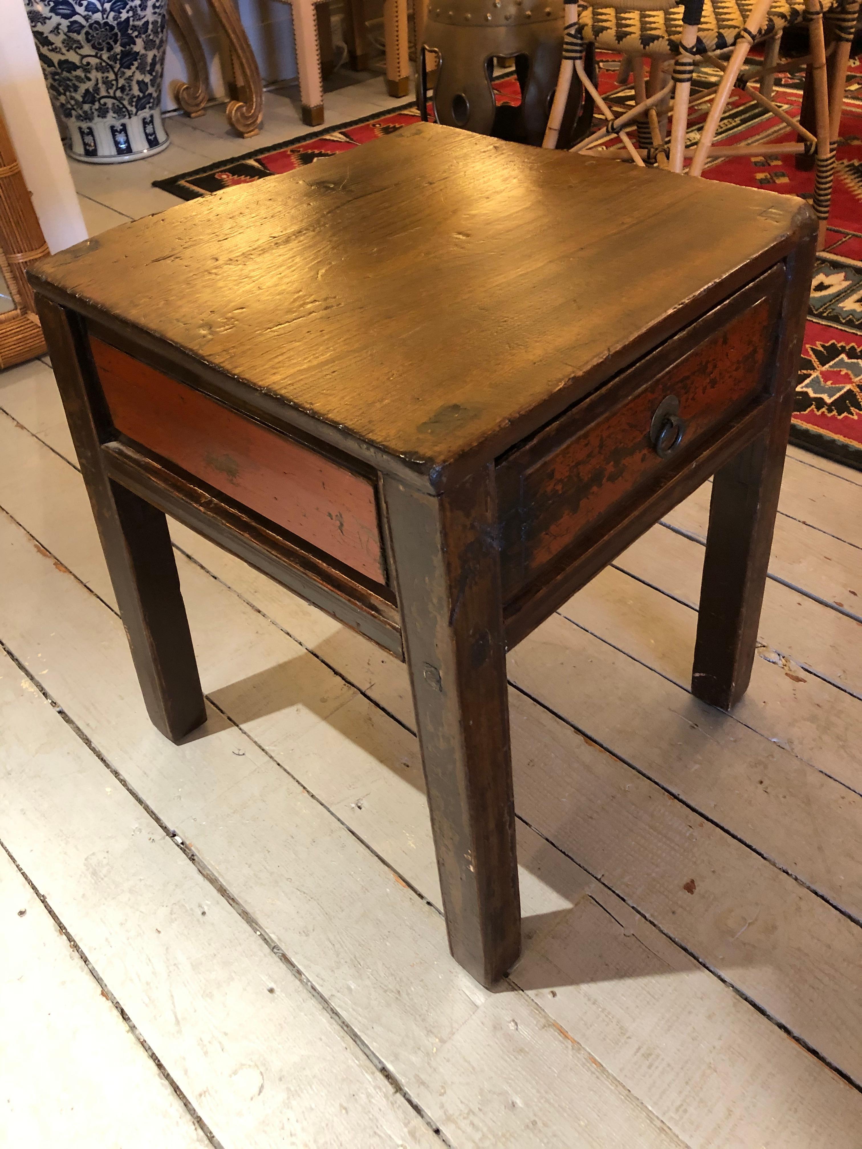 Handsome Antique Chinese Rustic Wood End Table with Single Drawer 4