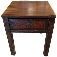Handsome Antique Chinese Rustic Wood End Table with Single Drawer