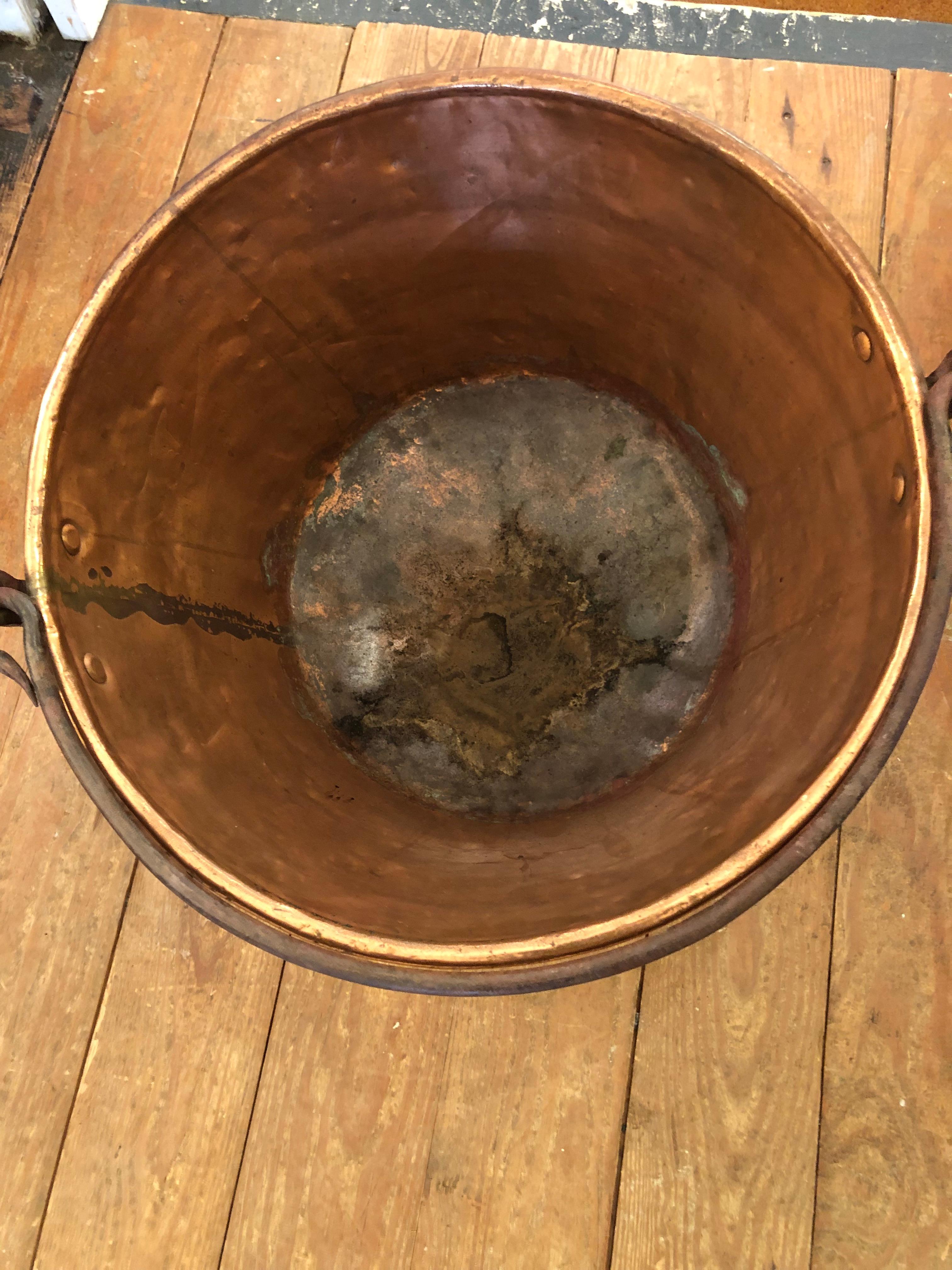 Handsome Antique Copper Cauldron with Impressive Handle For Sale at