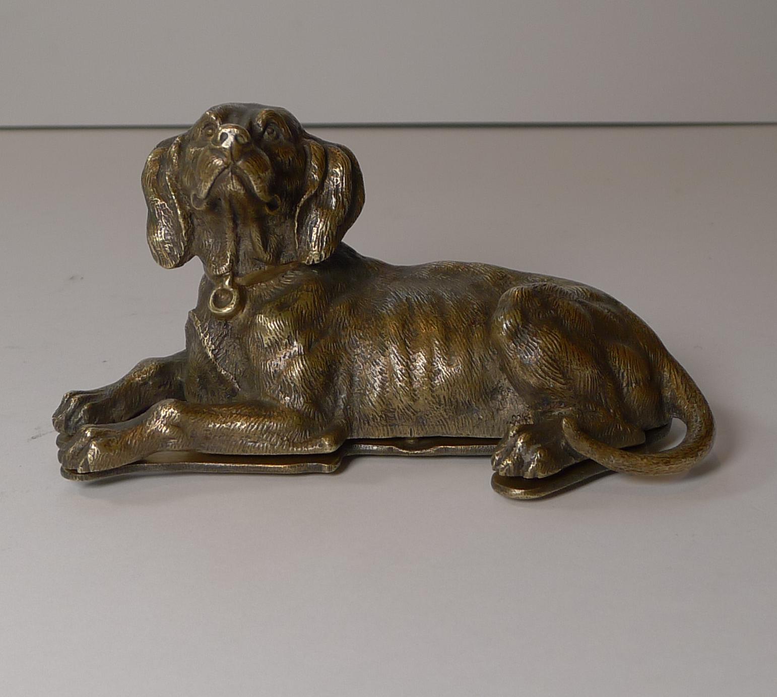 Late Victorian Handsome Antique English Bronze Dog Double Postage Stamp Box, c.1880