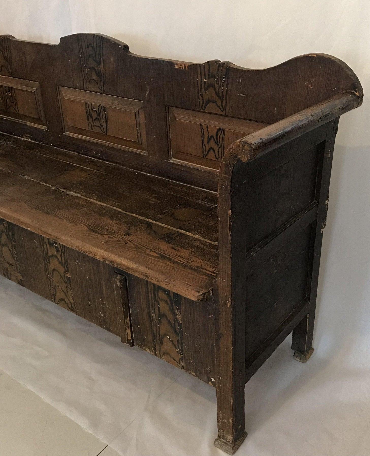 Hand-Painted Handsome Antique Faux Painted Hungarian Pine Bench For Sale
