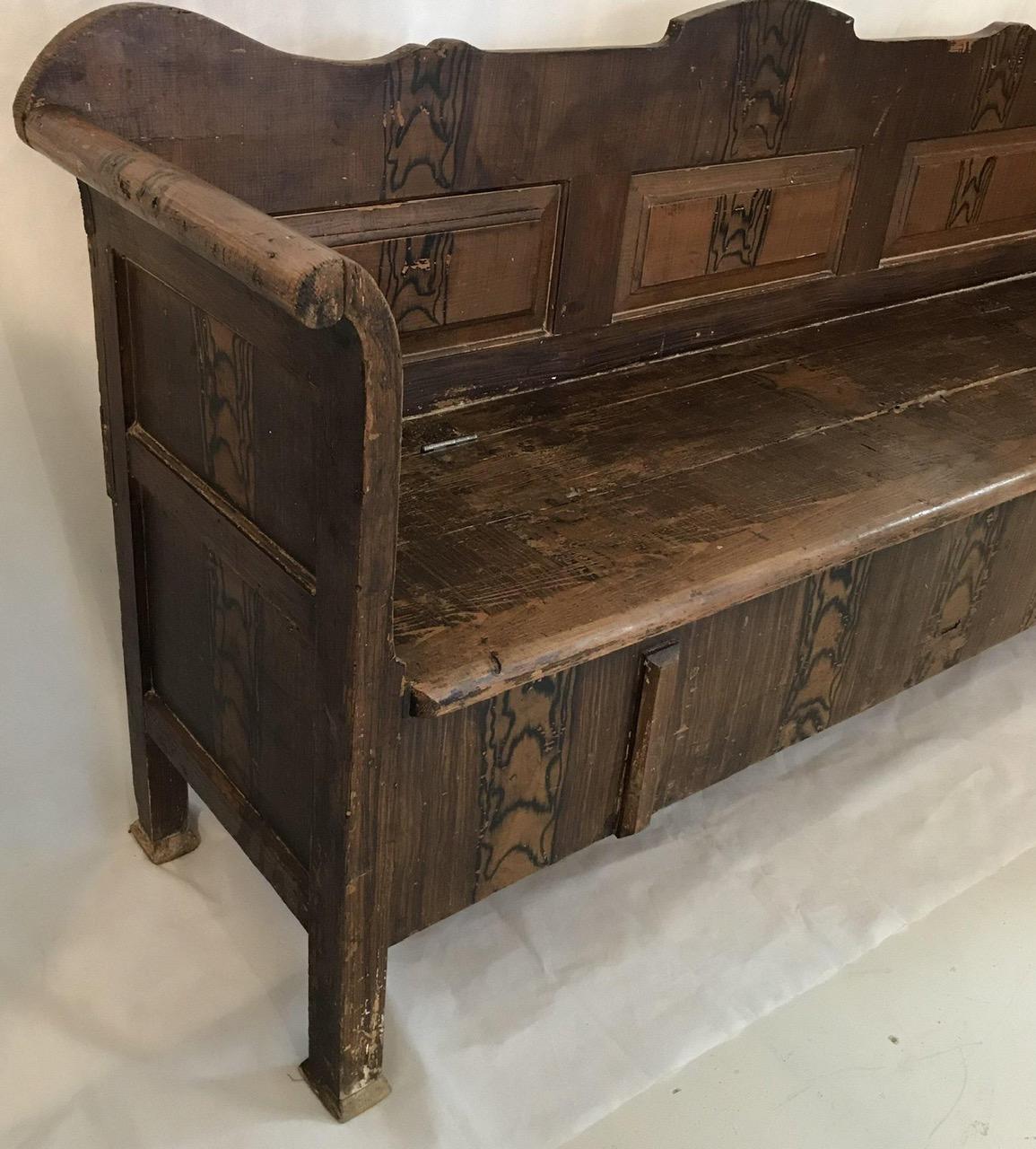 Handsome Antique Faux Painted Hungarian Pine Bench In Distressed Condition For Sale In Hopewell, NJ