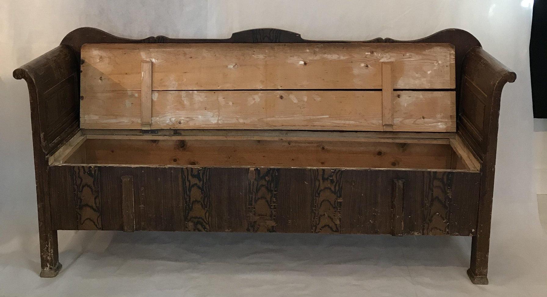 Handsome Antique Faux Painted Hungarian Pine Bench For Sale 1