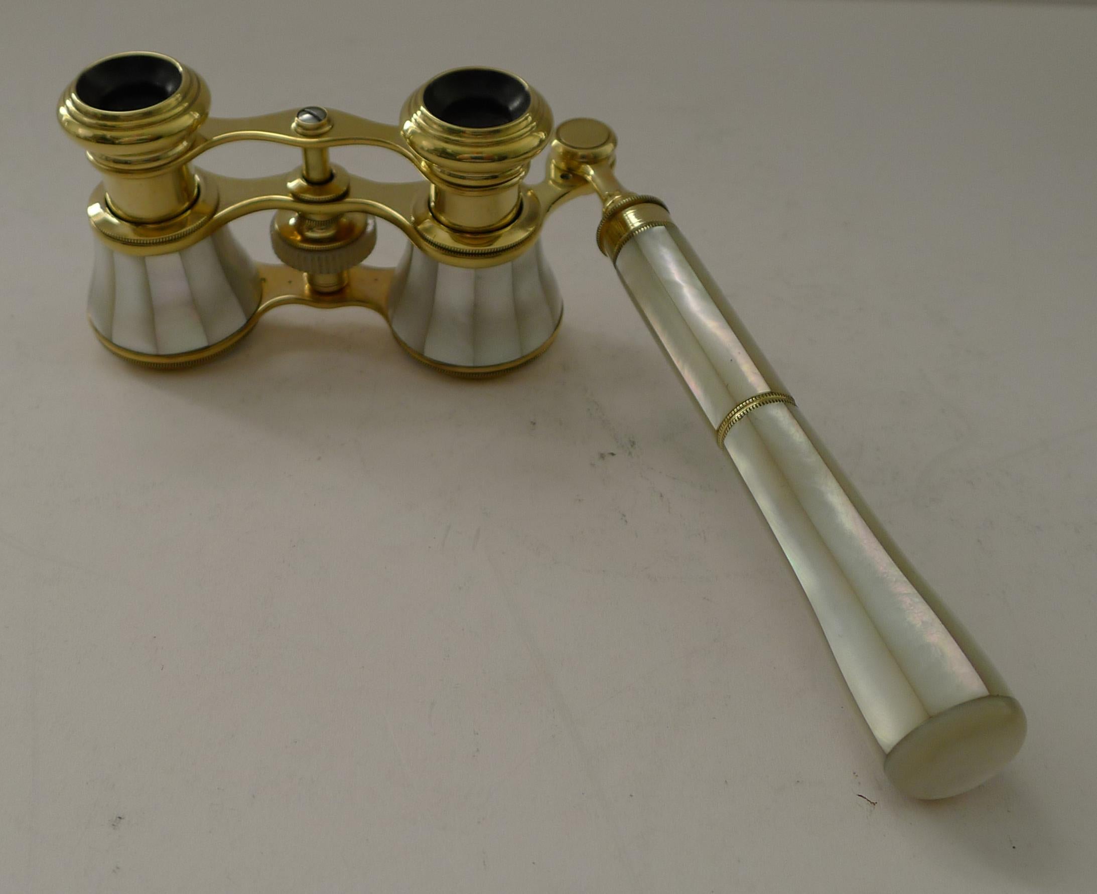 Brass Handsome Antique French Mother of Pearl Opera Glasses - Lorgnette Handle