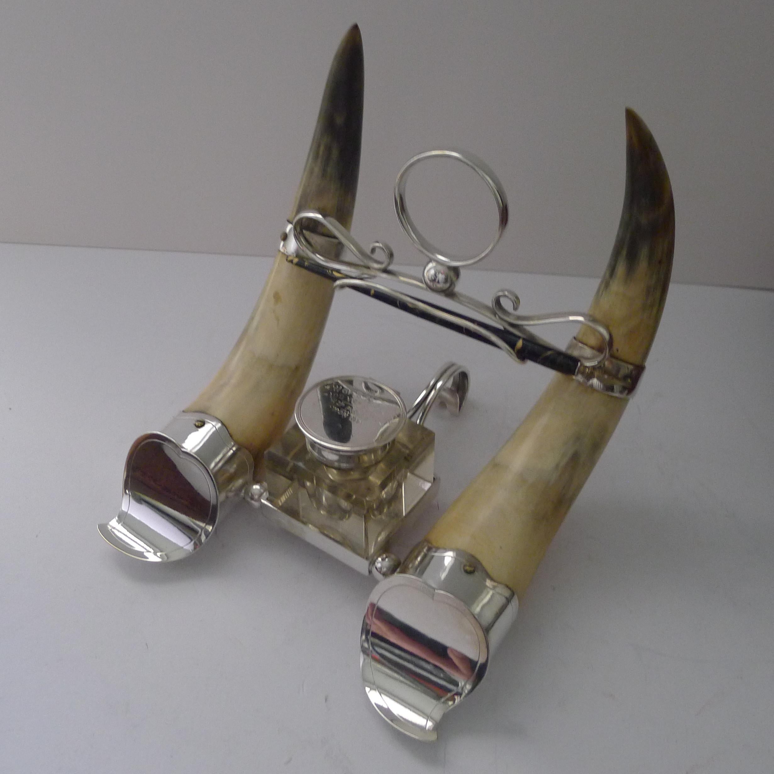 Handsome Antique Horn and Silver Plate Inkwell Dated 1897 For Sale 9