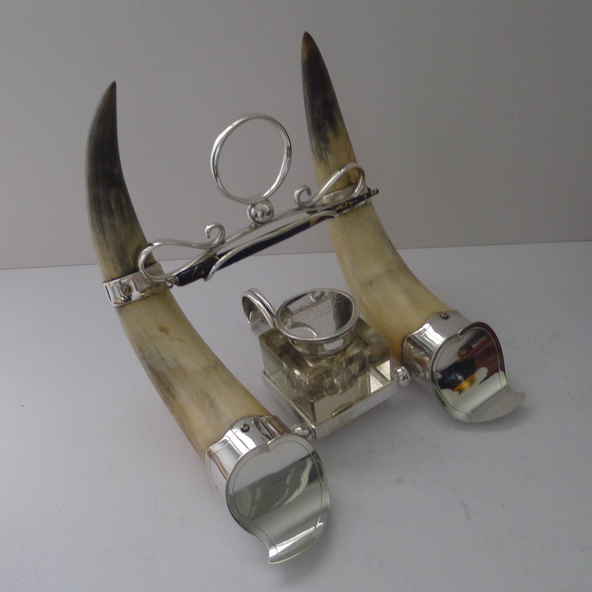 Late Victorian Handsome Antique Horn and Silver Plate Inkwell Dated 1897 For Sale