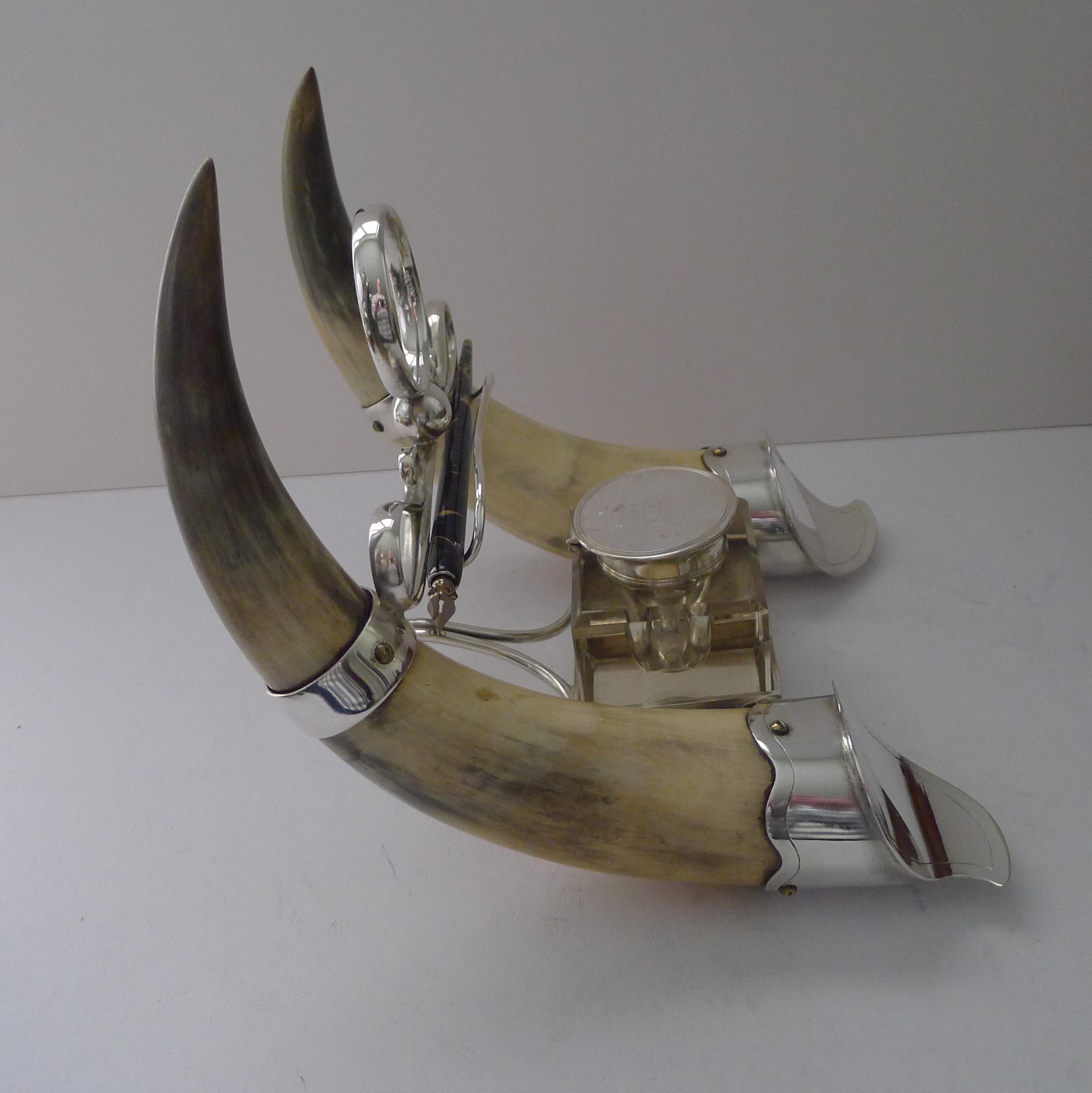 British Handsome Antique Horn and Silver Plate Inkwell Dated 1897 For Sale