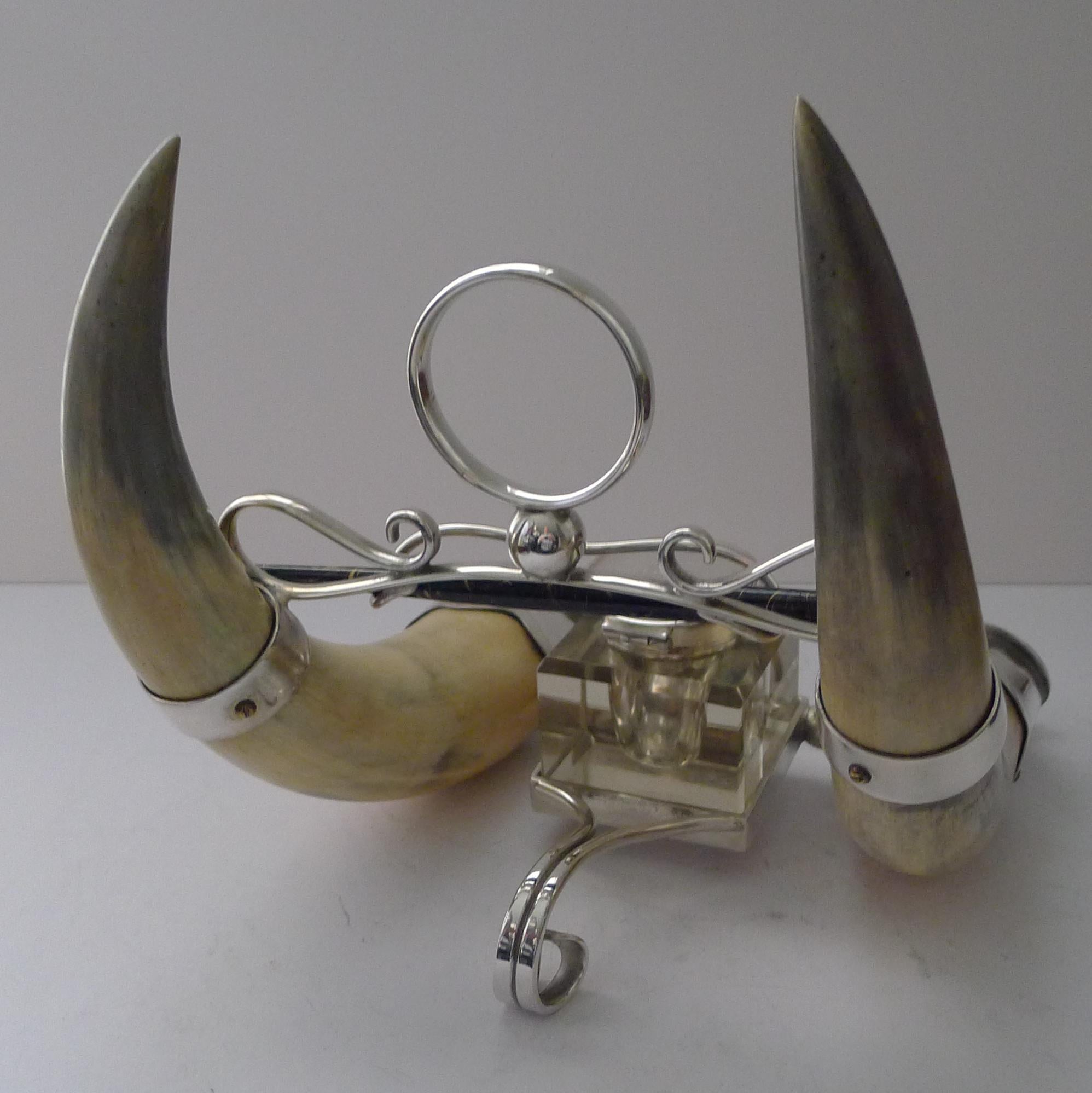 Handsome Antique Horn and Silver Plate Inkwell Dated 1897 In Good Condition For Sale In Bath, GB