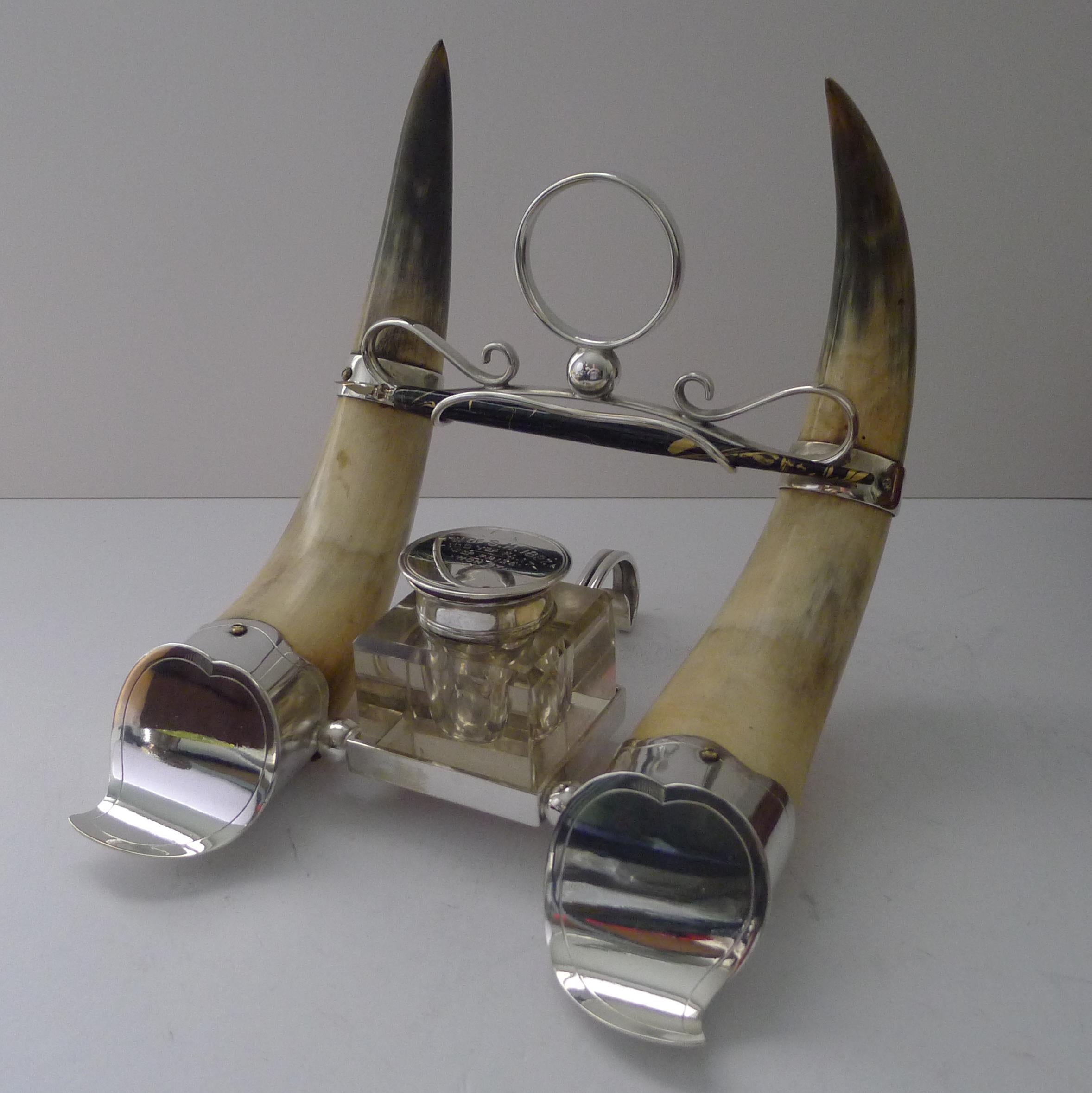 Handsome Antique Horn and Silver Plate Inkwell Dated 1897 For Sale 1