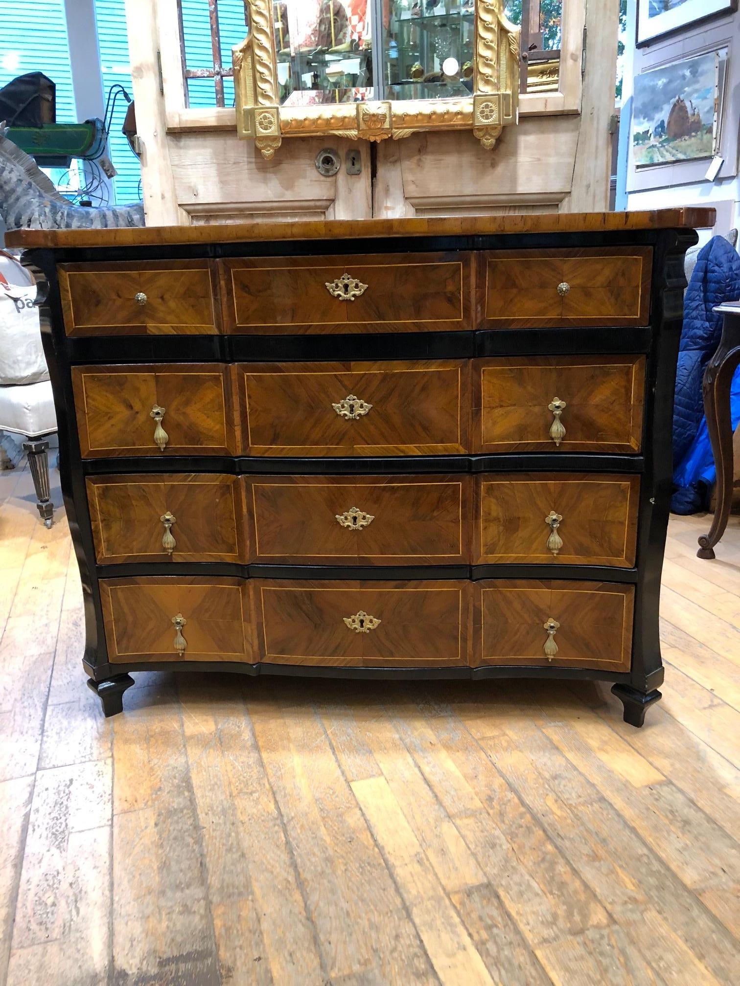 Very rich handsome antique Italian walnut and ebony chest having four spacious drawers and original hardware. #4249