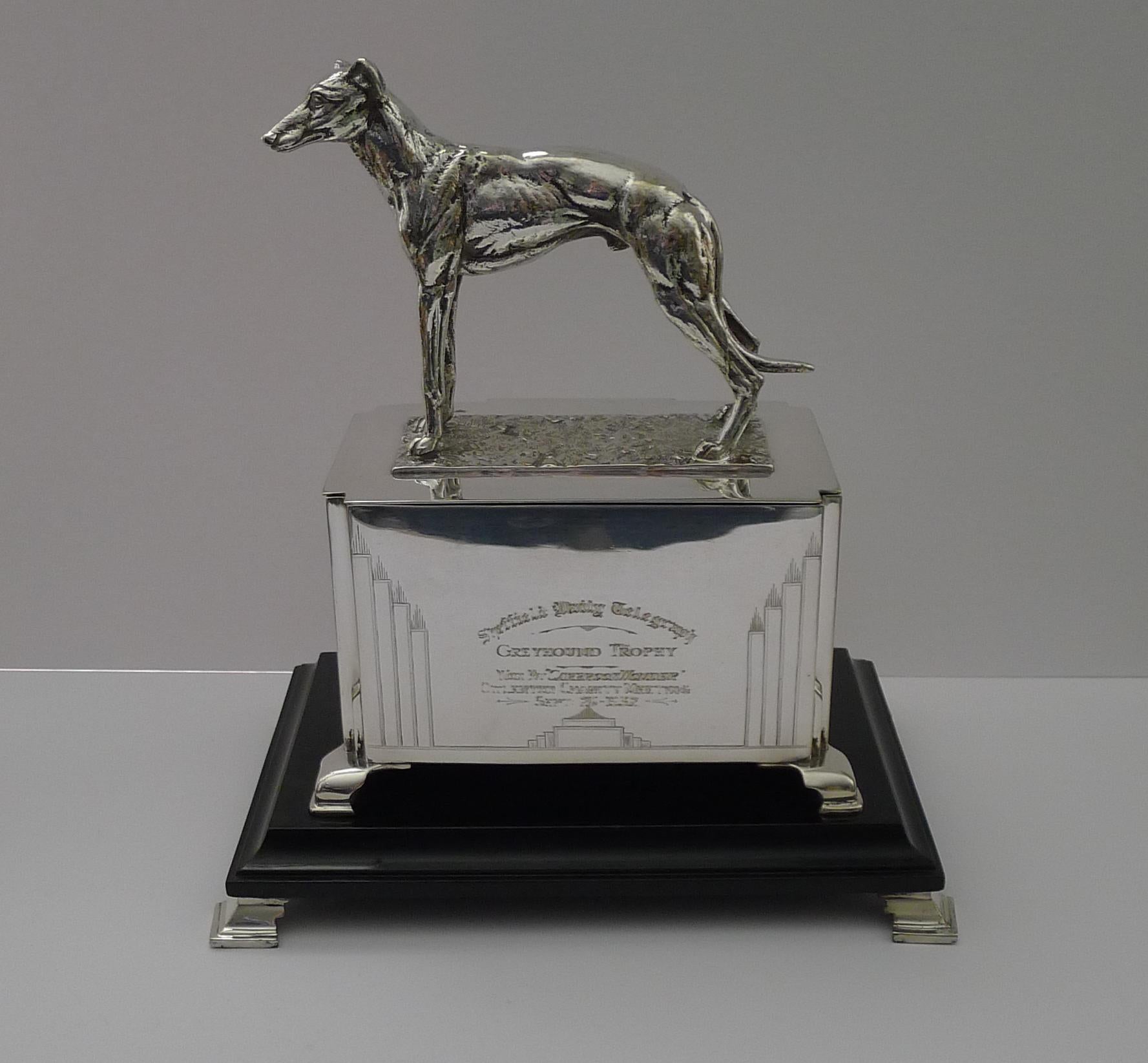 Silver Plate Handsome Art Deco Greyhound Racing Trophy Box, 1932