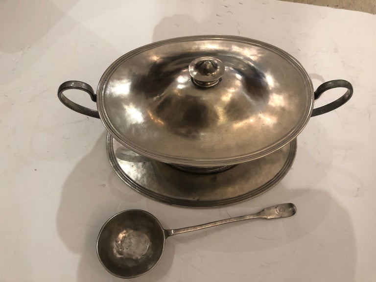 Handsome Arte Italica Pewter Soup Tureen and Ladle For Sale at 1stDibs
