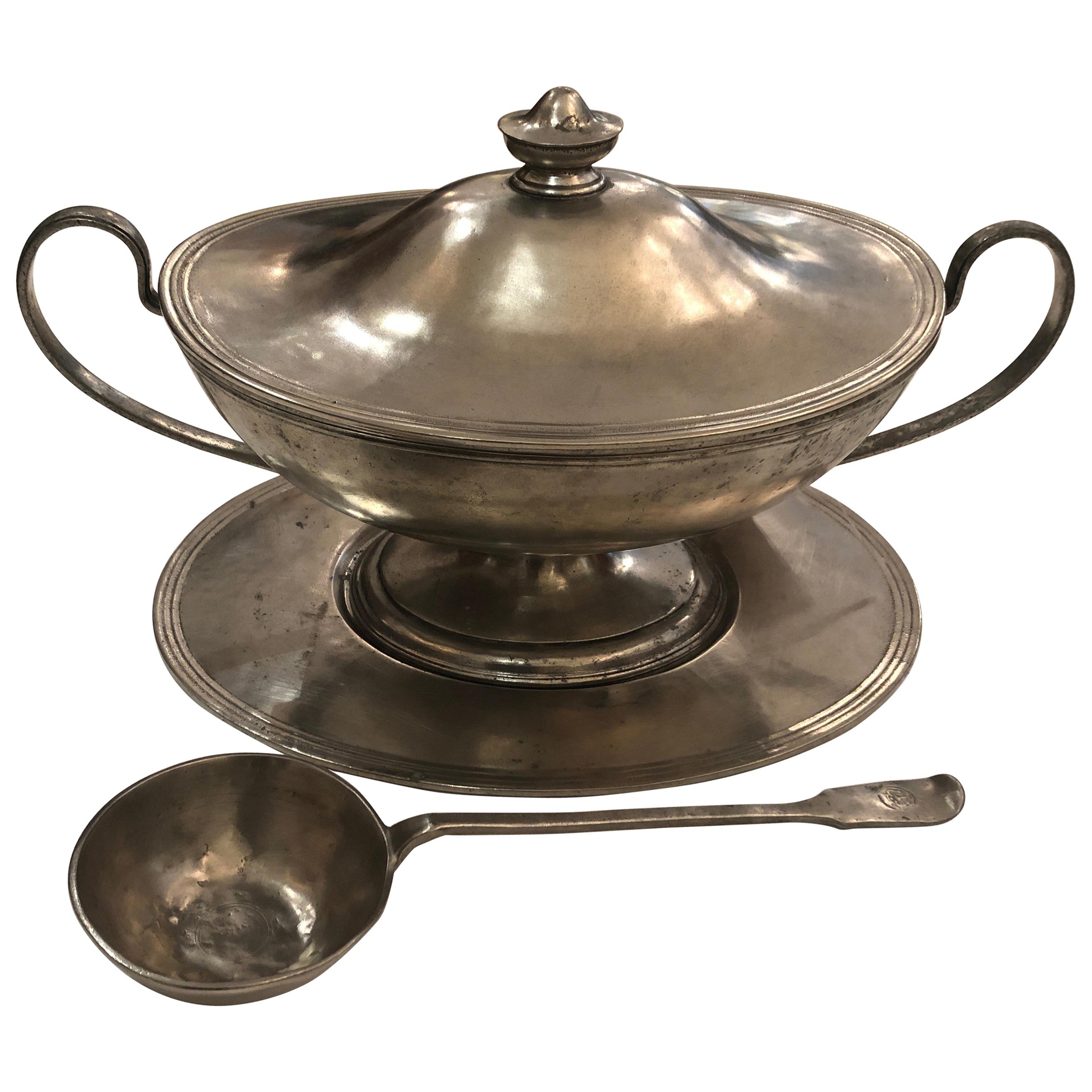 Handsome Arte Italica Pewter Soup Tureen and Ladle