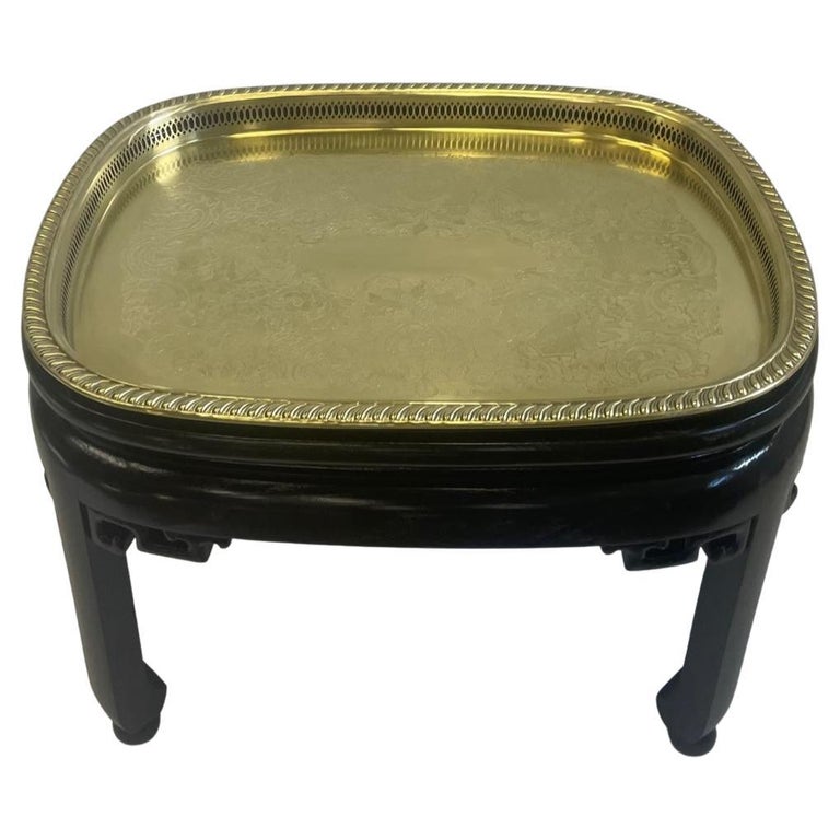 Handsome Asian Style Brass Tray Coffee Table with Ebonized Base For