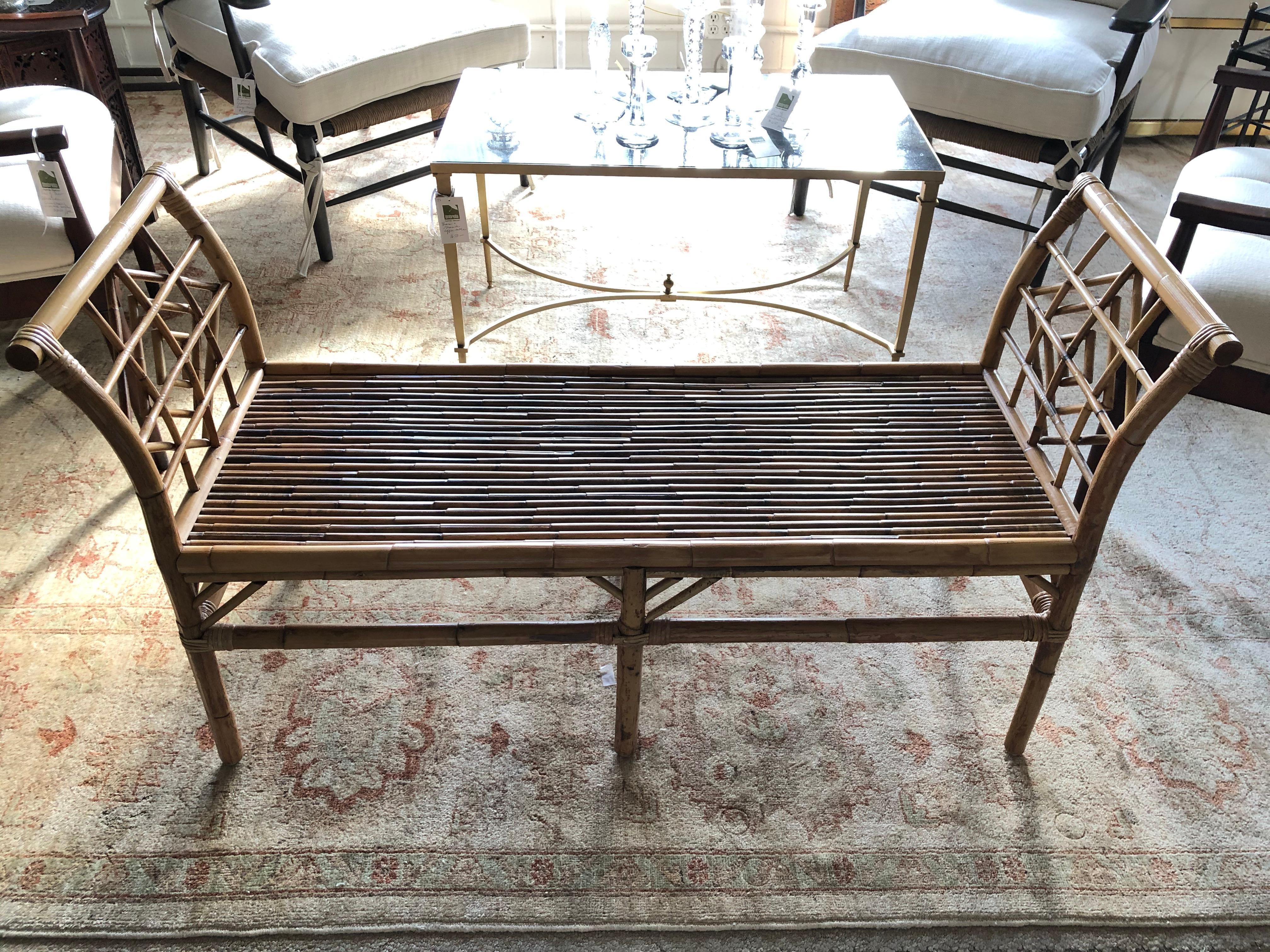 Mid-20th Century Handsome Bamboo Bench with Custom Seat Cushion