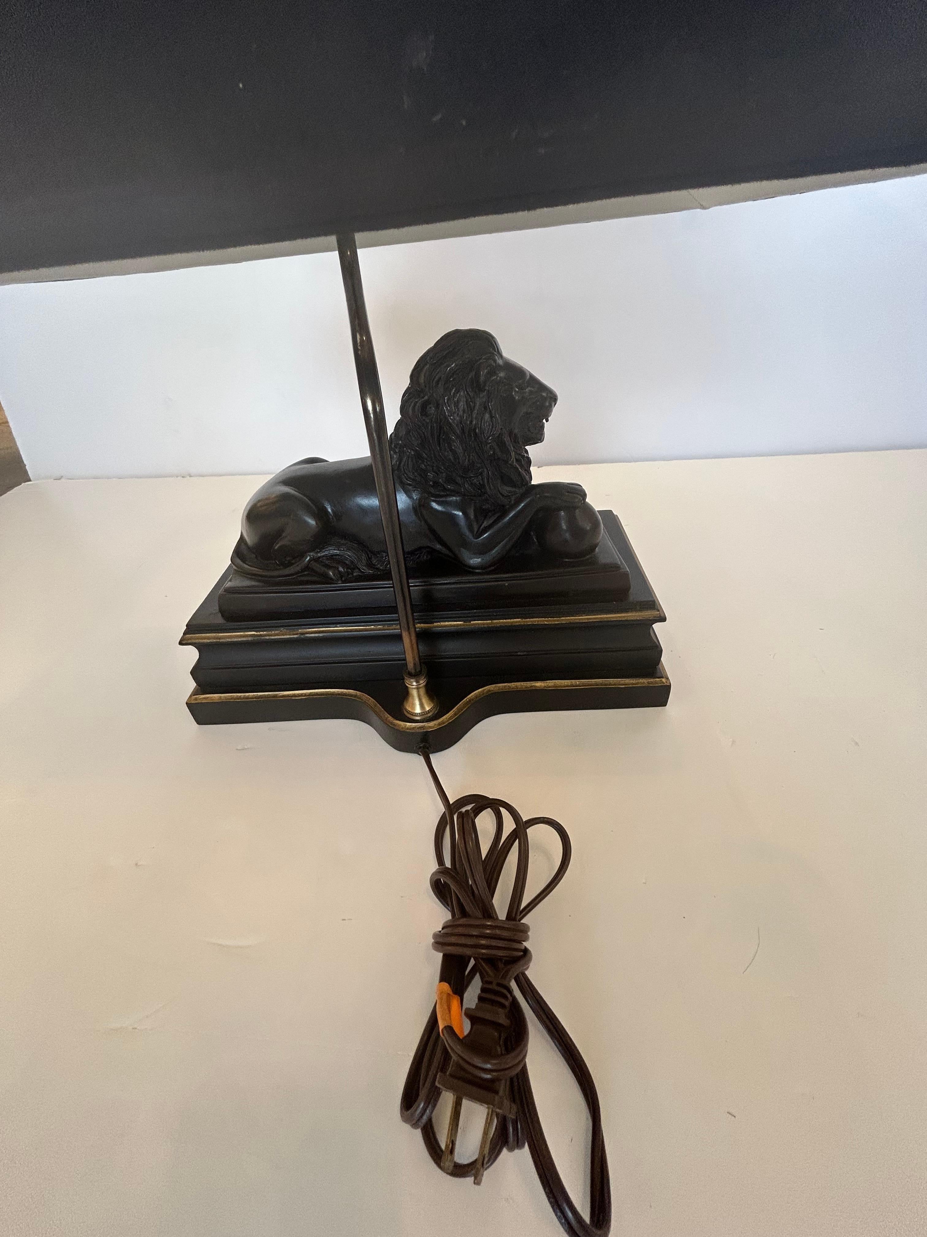 Metal Handsome Black & Gold Lion Motif Table Lamp For Sale