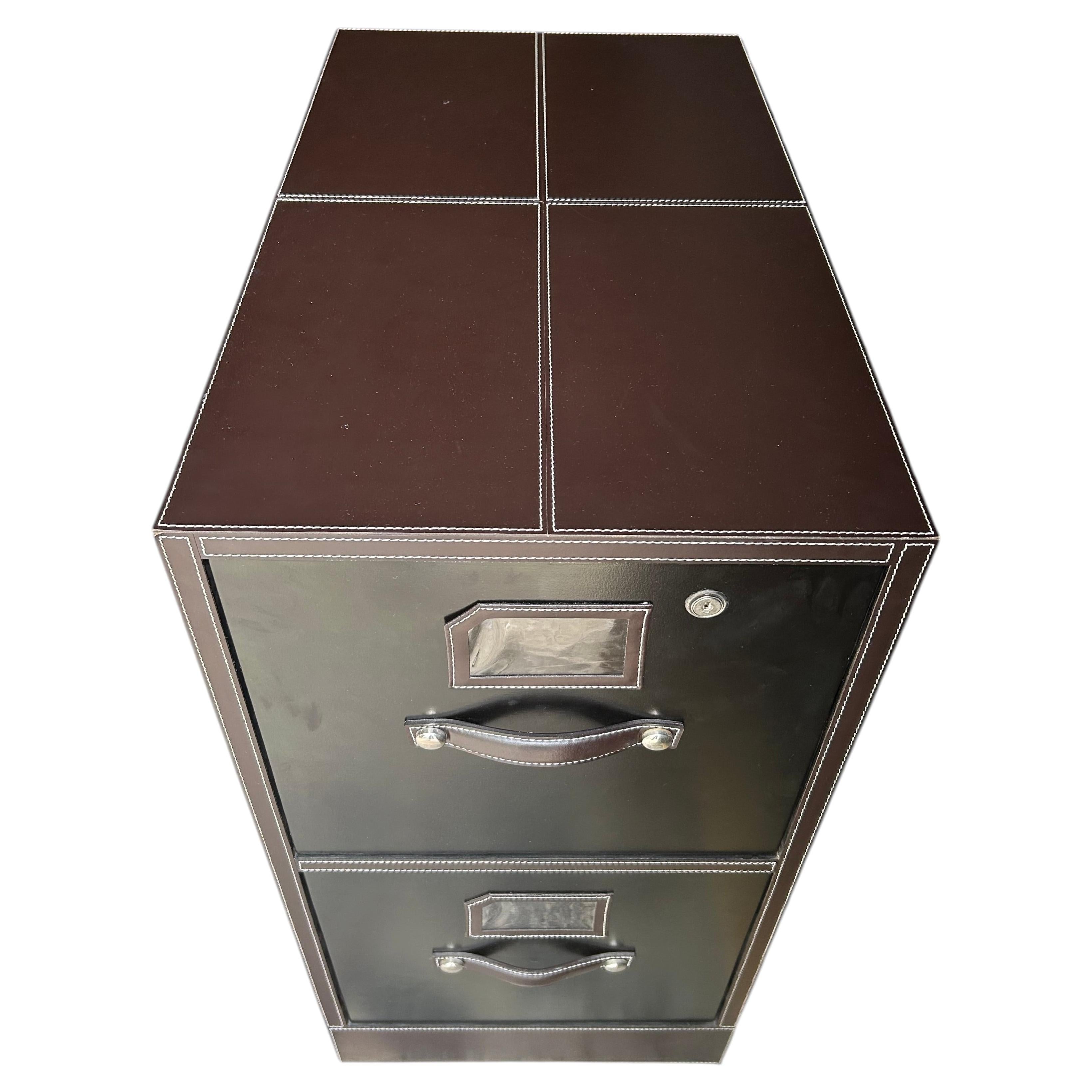 Handsome Black Leather Wrapped Office File Cabinet For Sale